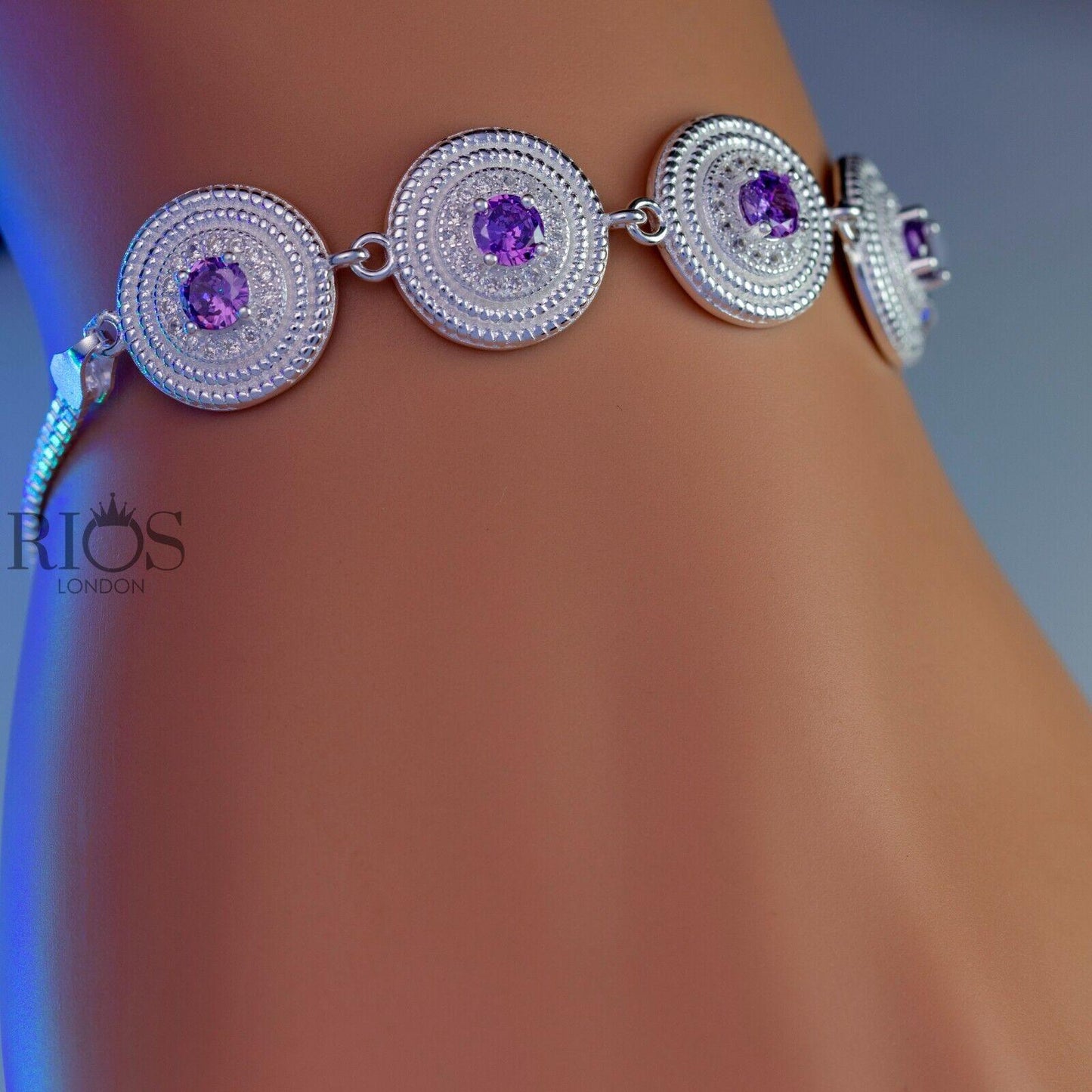 925 Sterling Silver Purple Ladies Round Bracelet Lab-Created Amethyst Boxed - Rios London