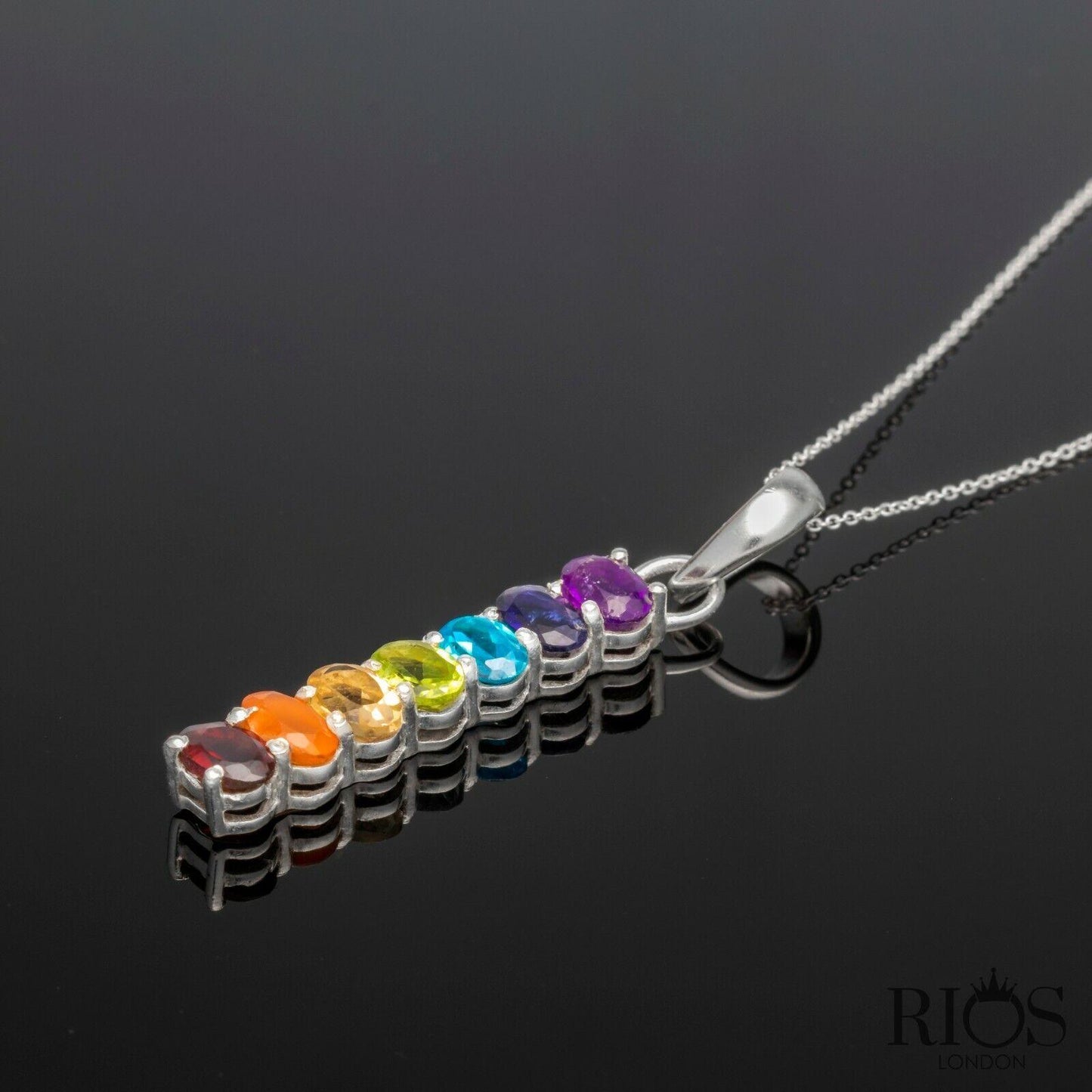 925 Sterling Silver Rainbow Bar Necklace 7 Gemstones Lab-Created Gift Boxed