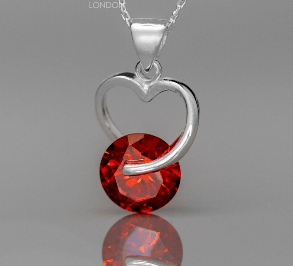 925 Sterling Silver Red Garnet Lab-Created Gemstone Heart Necklace Gift Boxed - Rios London