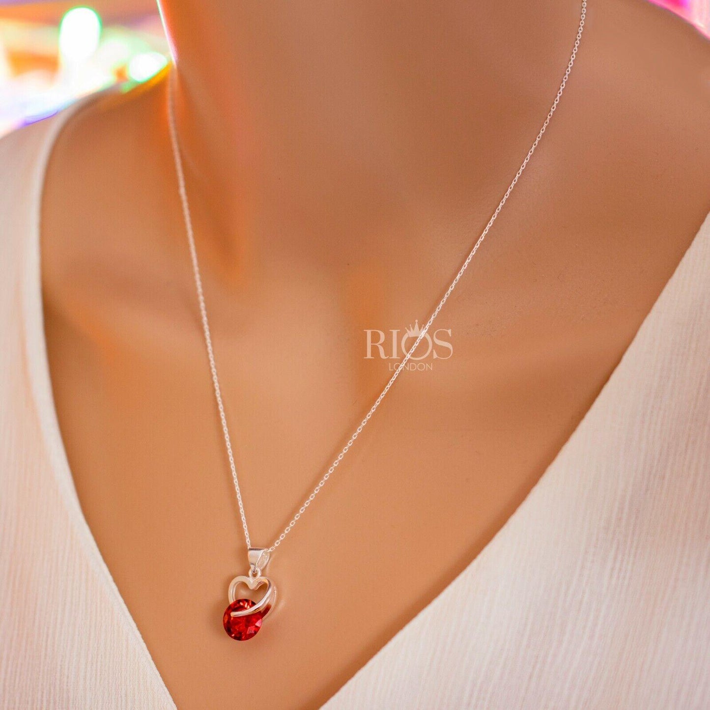 925 Sterling Silver Red Garnet Lab-Created Gemstone Heart Necklace Gift Boxed - Rios London