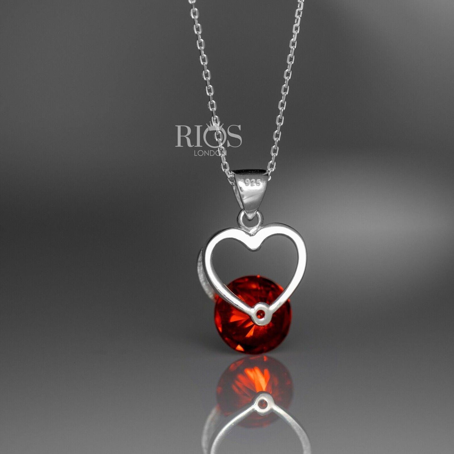 925 Sterling Silver Red Garnet Lab-Created Gemstone Heart Necklace Gift Boxed - Rios London