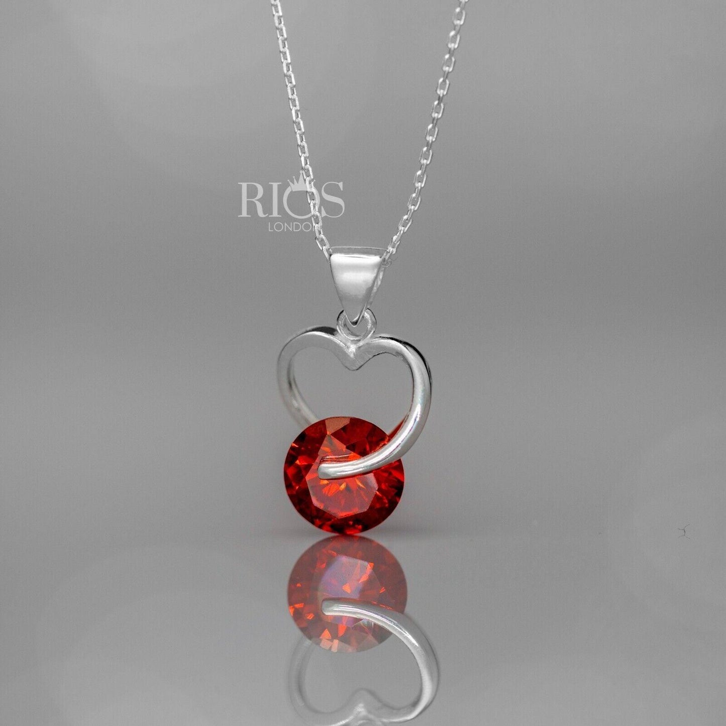 925 Sterling Silver Red Garnet Lab-Created Gemstone Heart Necklace Gift Boxed - Rios London
