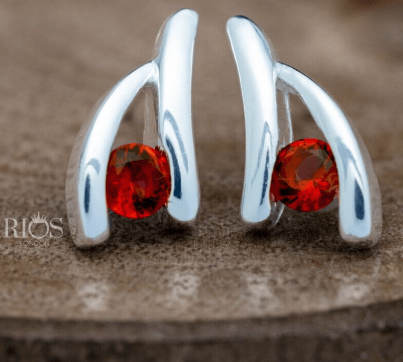 925 Sterling Silver Red Garnet Lab-Created Gemstone Studs Earrings Gift Boxed - Rios London