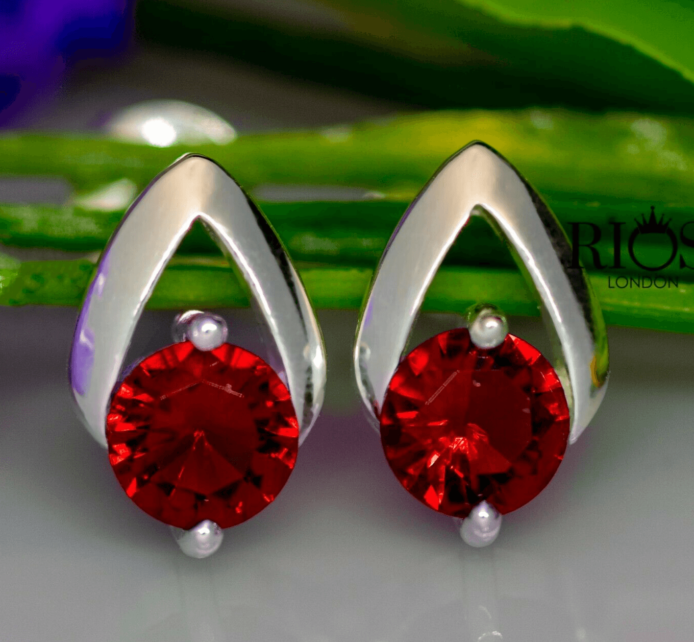 925 Sterling Silver Red Garnet Lab-Created Gemstone Studs Earrings Gift Boxed - Rios London