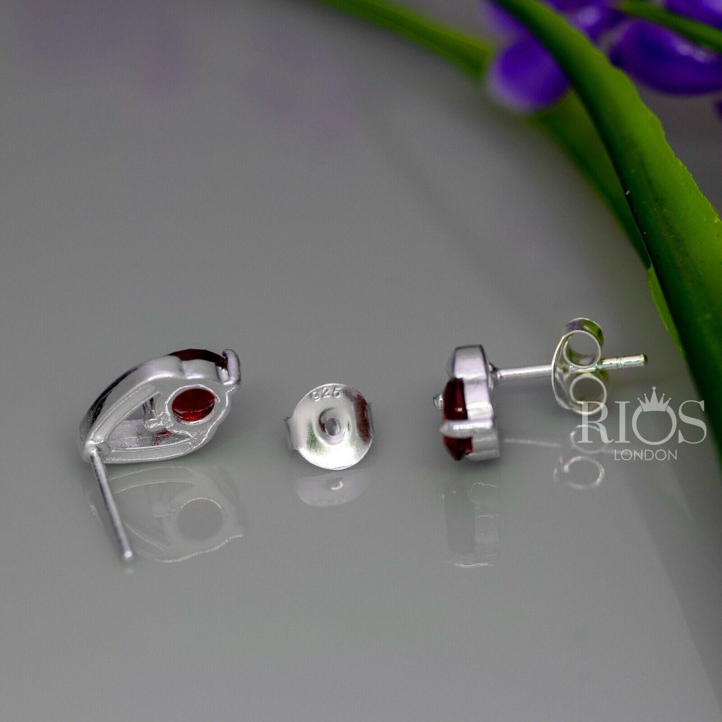 925 Sterling Silver Red Garnet Lab-Created Gemstone Studs Earrings Gift Boxed - Rios London