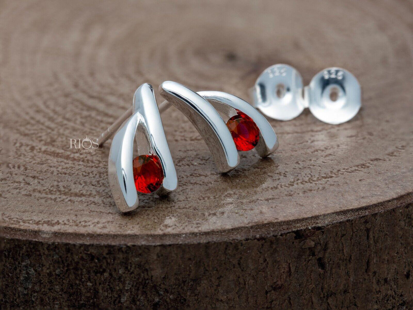 925 Sterling Silver Red Garnet Lab-Created Gemstone Studs Earrings Gift Boxed - Rios London
