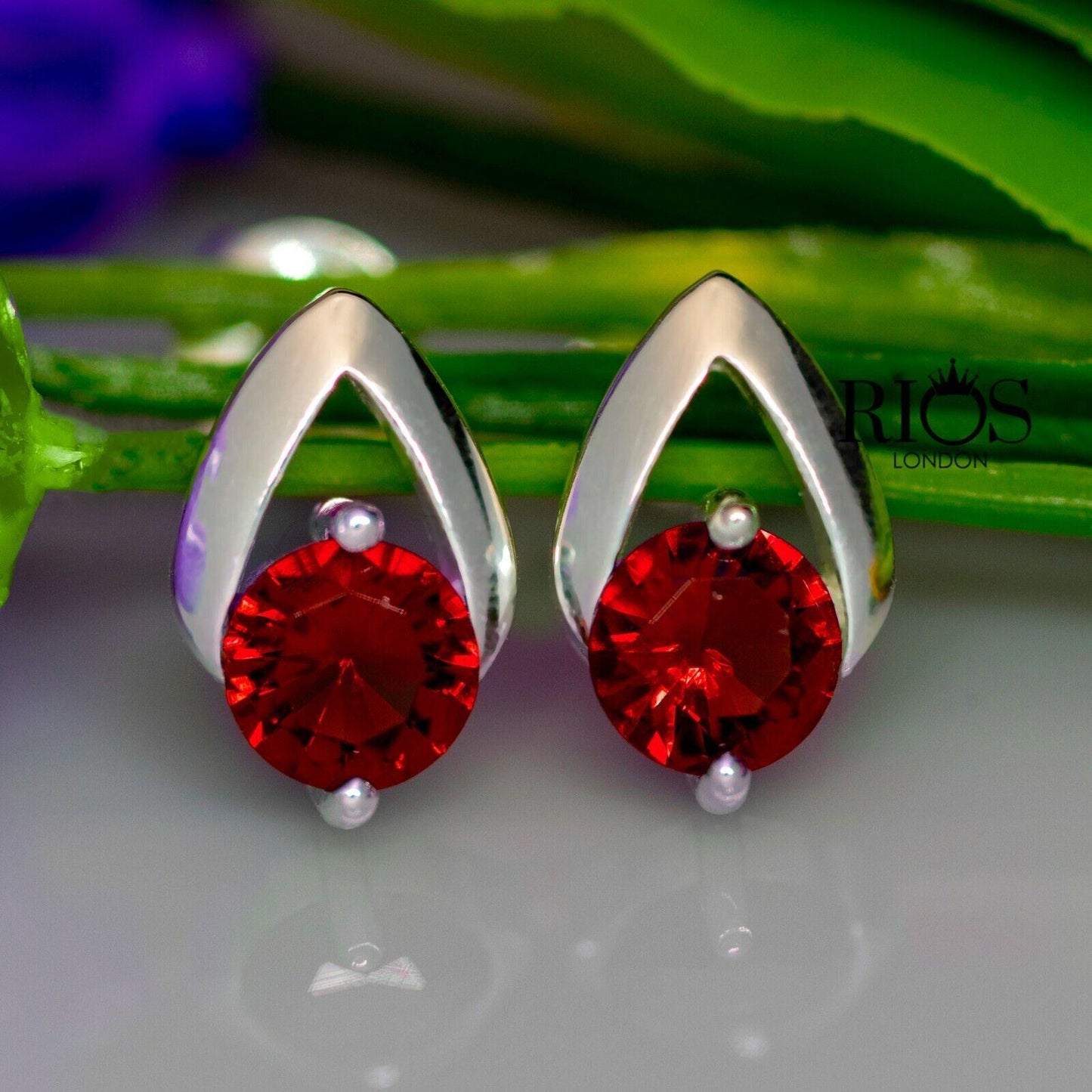 925 Sterling Silver Red Garnet Lab-Created Gemstone Studs Earrings Gift Boxed - Rios London