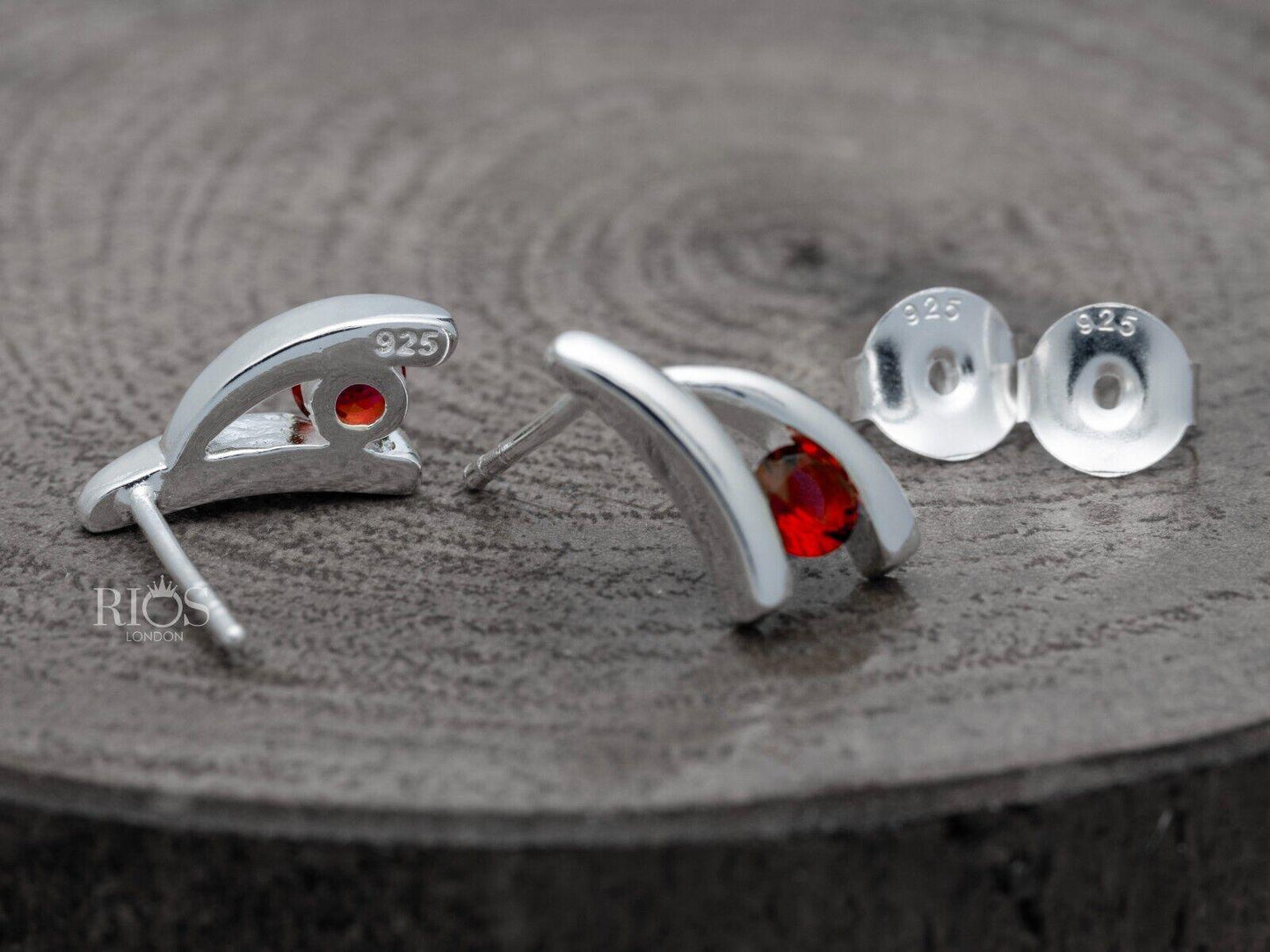 925 Sterling Silver Red Garnet Lab-Created Gemstone Studs Earrings Gift Boxed - Rios London