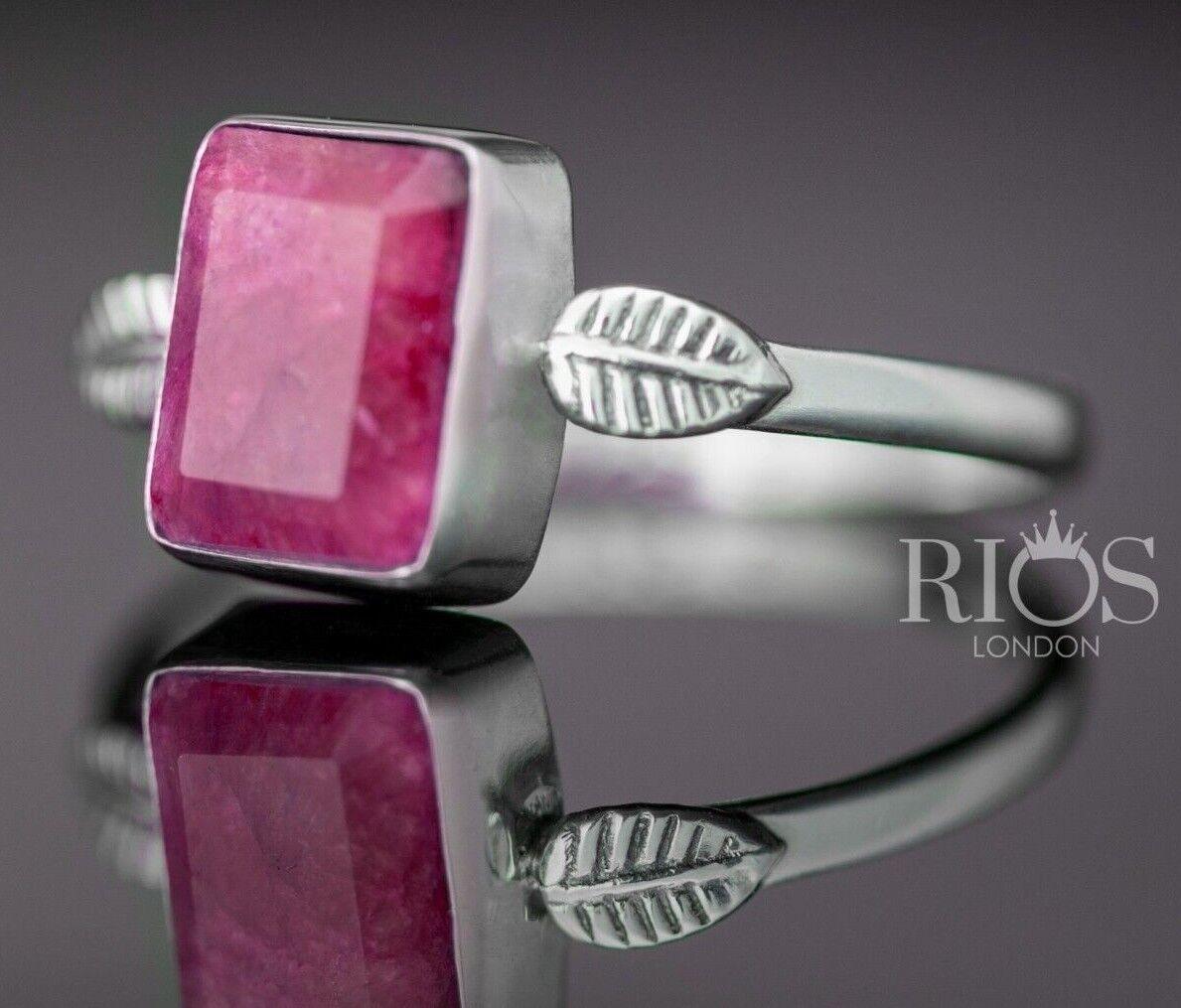 925 Sterling Silver Ruby Facet Cut Cushion Red Gemstone Ring Gift Boxed - Rios London