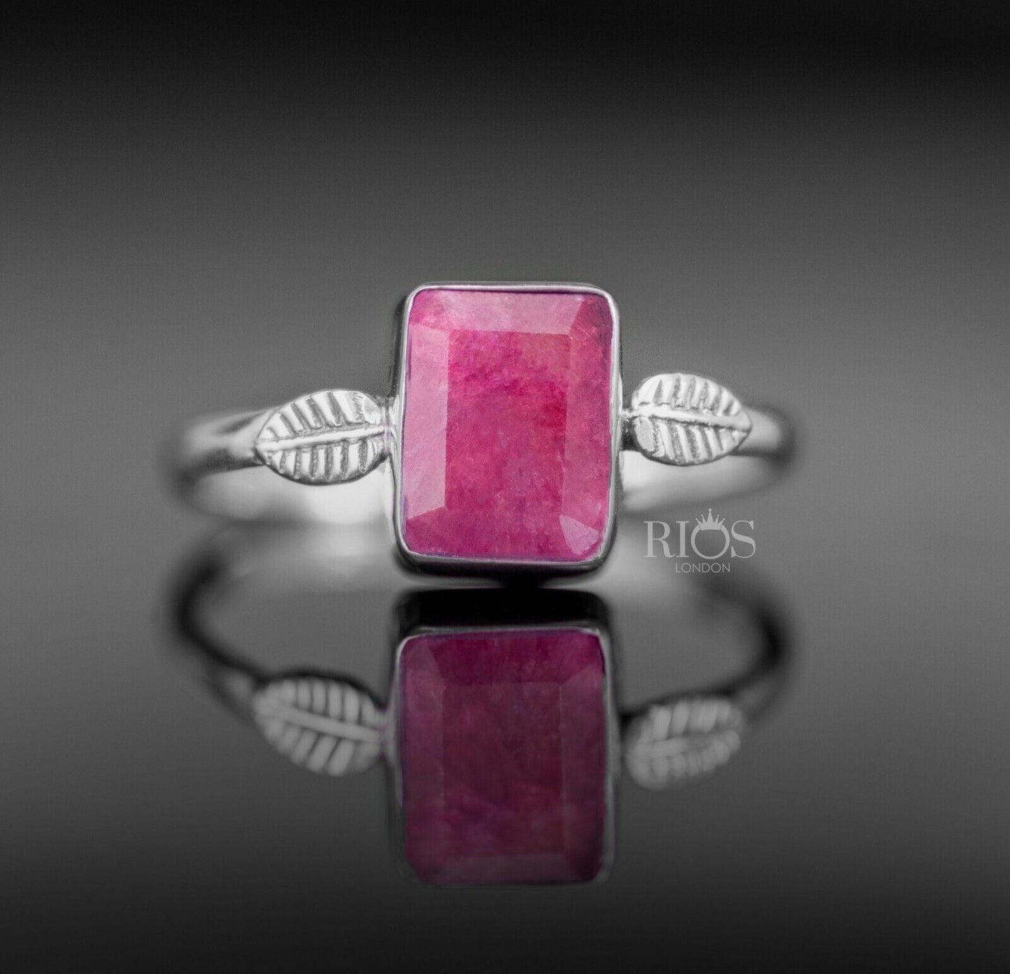 925 Sterling Silver Ruby Facet Cut Cushion Red Gemstone Ring Gift Boxed - Rios London