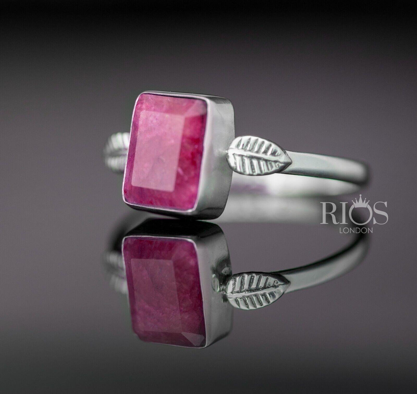 925 Sterling Silver Ruby Facet Cut Cushion Red Gemstone Ring Gift Boxed - Rios London