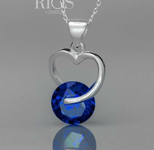 925 Sterling Silver Sapphire Blue Lab-Created Gemstone Heart Necklace Gift Boxed - Rios London