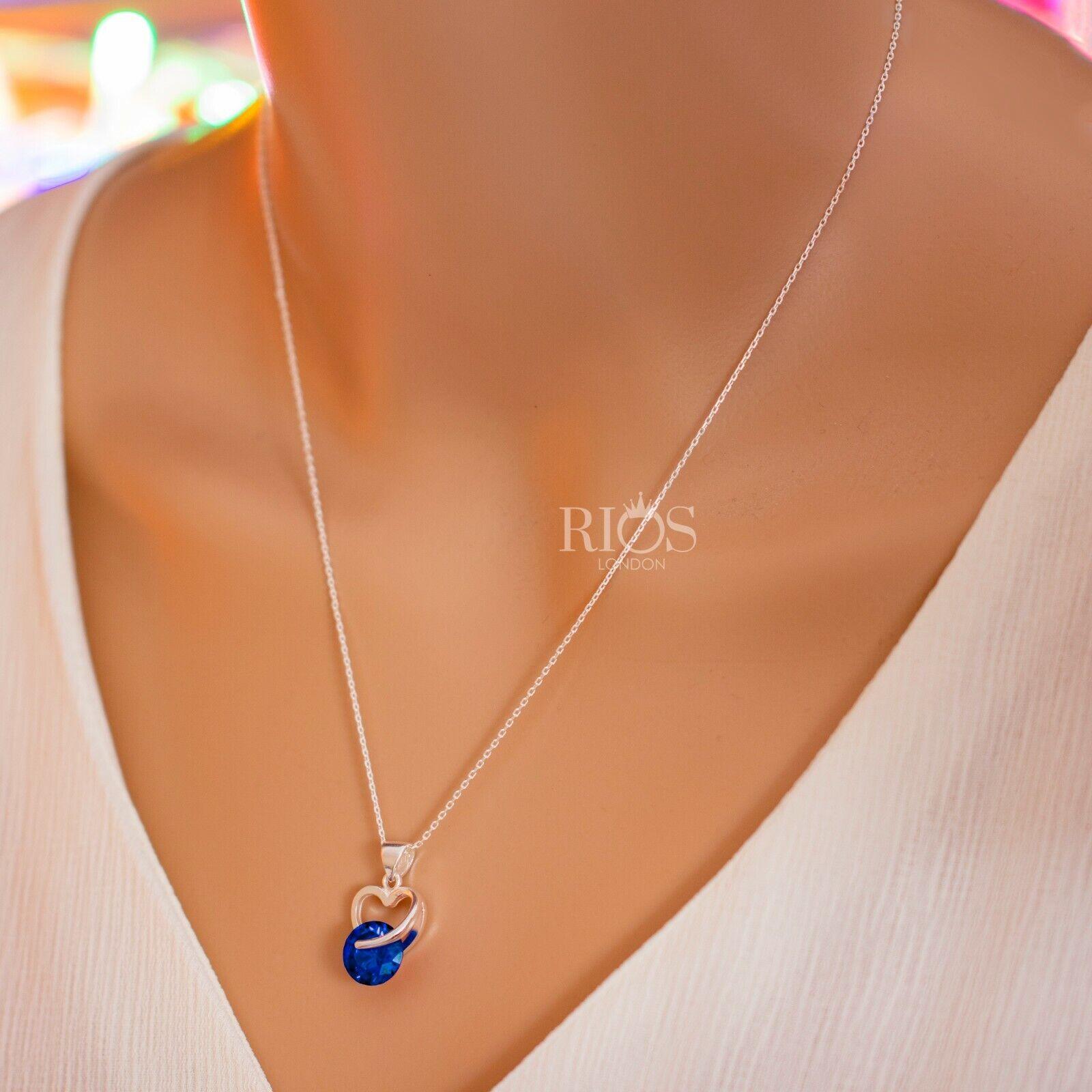 925 Sterling Silver Sapphire Blue Lab-Created Gemstone Heart Necklace Gift Boxed - Rios London