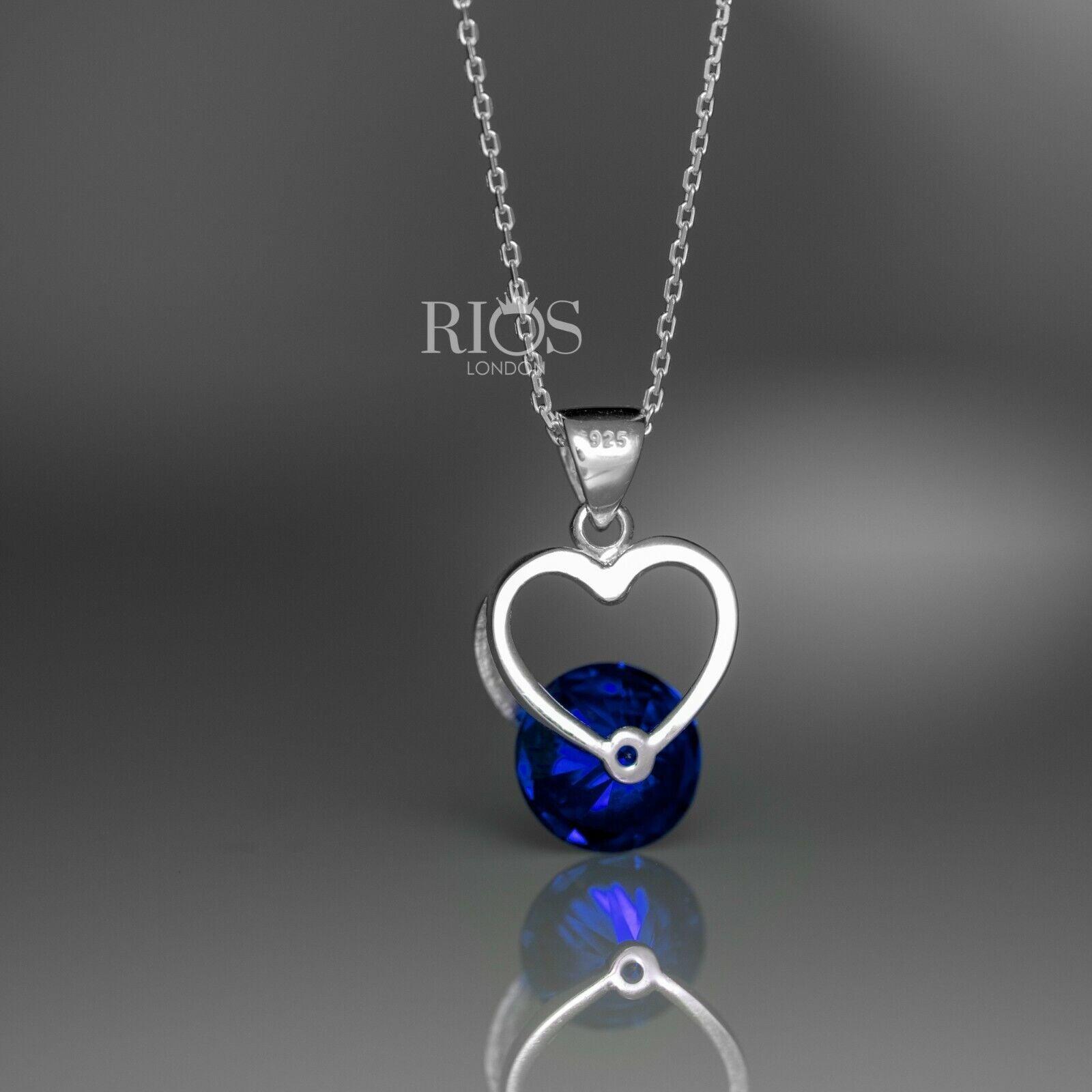925 Sterling Silver Sapphire Blue Lab-Created Gemstone Heart Necklace Gift Boxed - Rios London