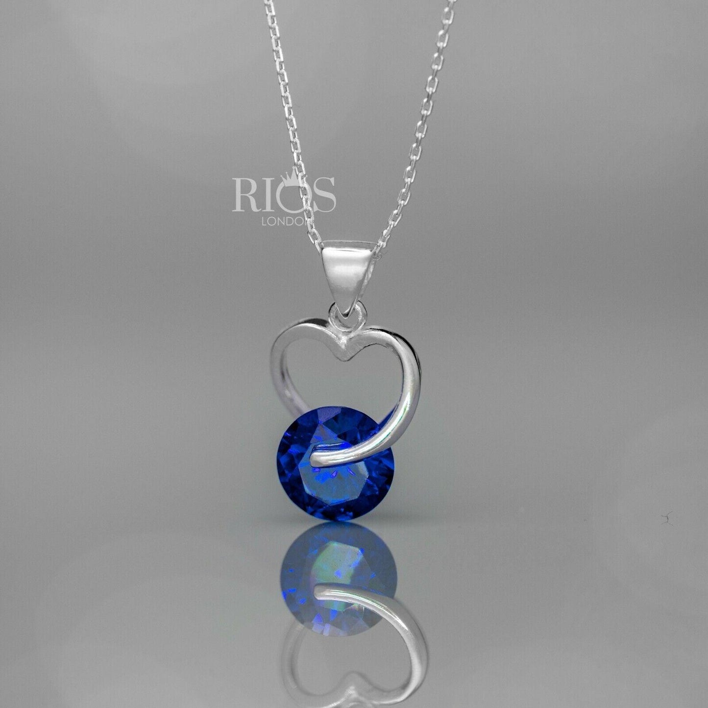 925 Sterling Silver Sapphire Blue Lab-Created Gemstone Heart Necklace Gift Boxed - Rios London