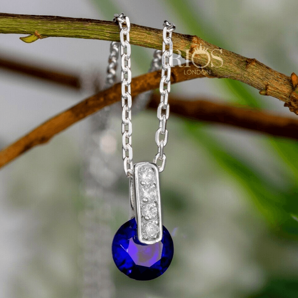 925 Sterling Silver Sapphire Blue Lab Created Gemstone Necklace Gift Boxed - Rios London