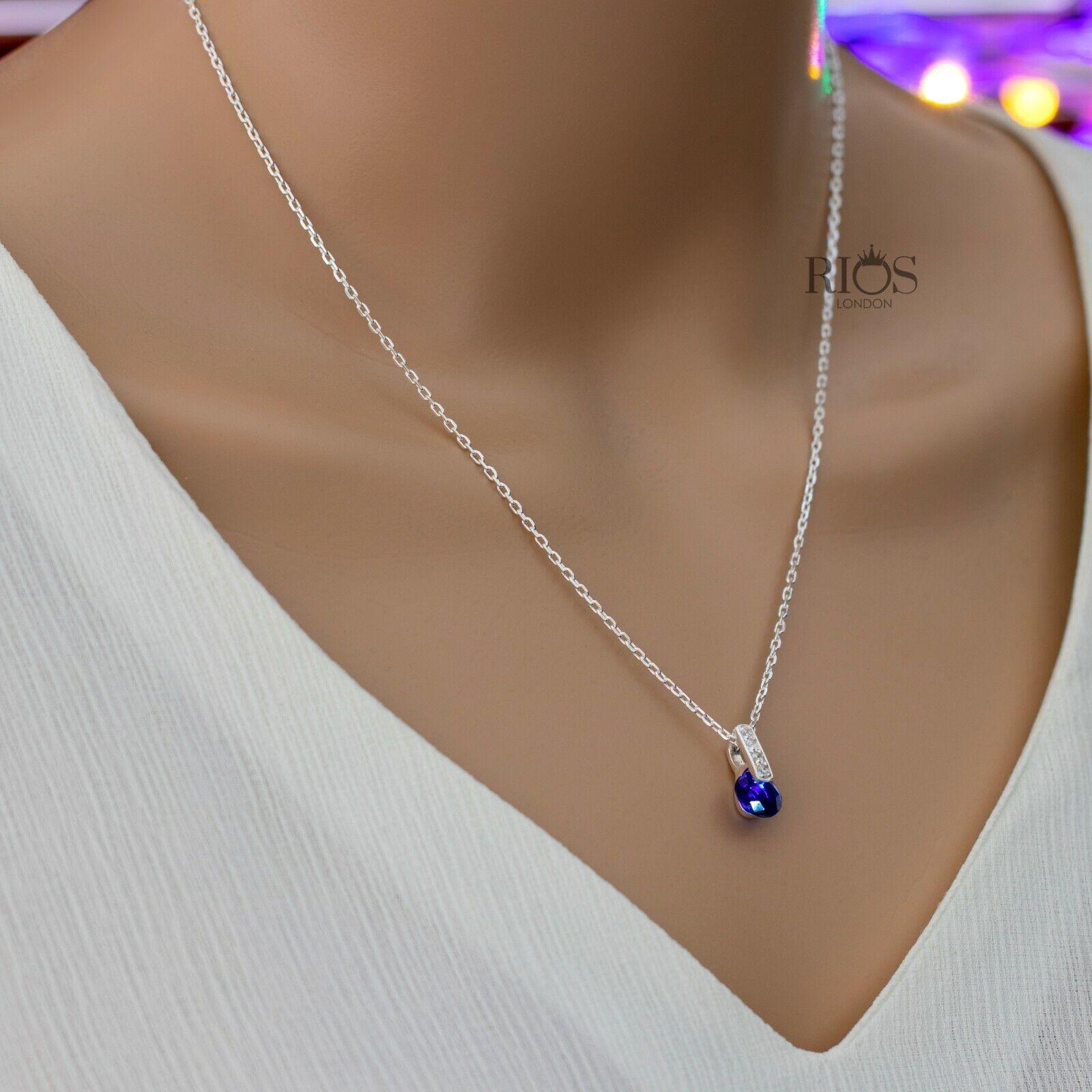 925 Sterling Silver Sapphire Blue Lab Created Gemstone Necklace Gift Boxed - Rios London