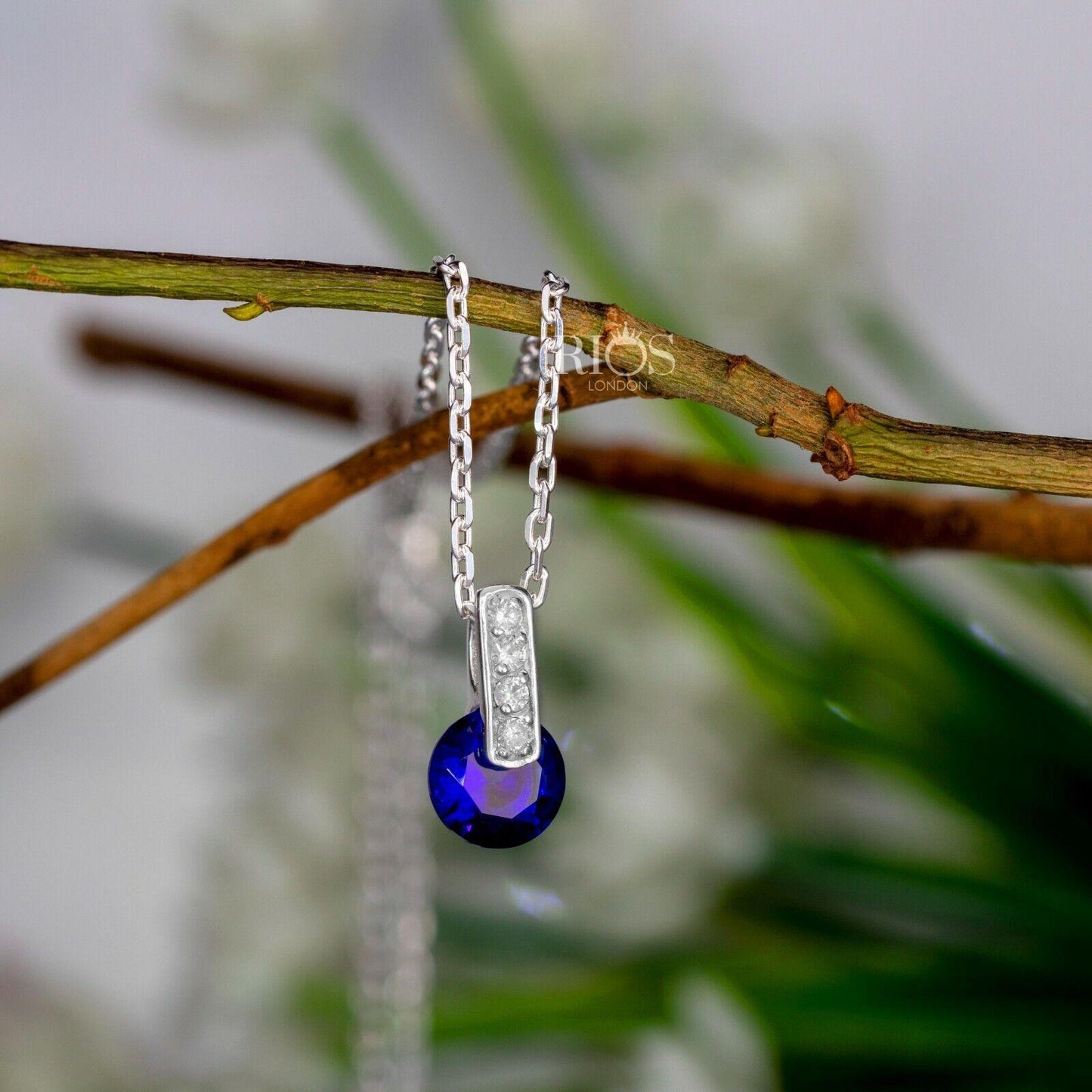 925 Sterling Silver Sapphire Blue Lab Created Gemstone Necklace Gift Boxed - Rios London