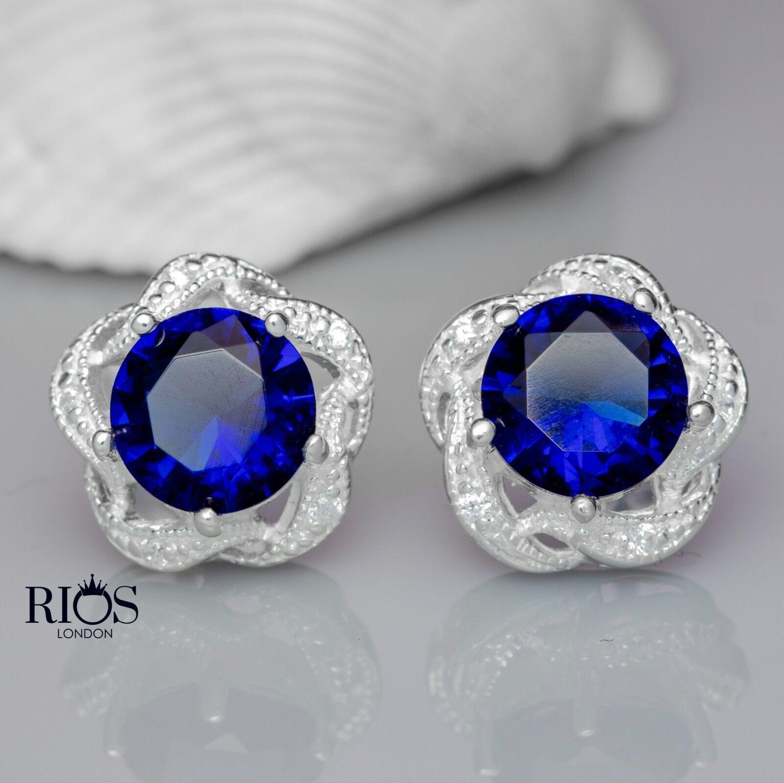 925 Sterling Silver Sapphire Blue Lab-Created Gemstone Studs Earrings Gift Boxed - Rios London