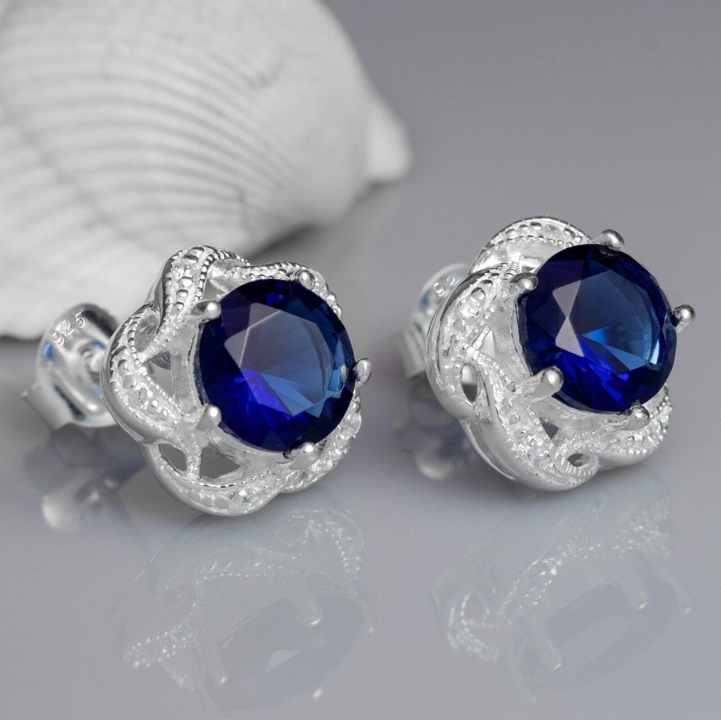 925 Sterling Silver Sapphire Blue Lab-Created Gemstone Studs Earrings Gift Boxed - Rios London