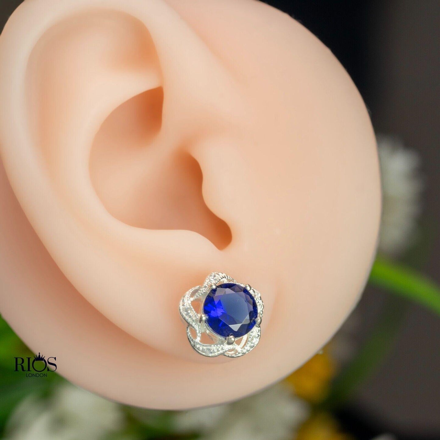 925 Sterling Silver Sapphire Blue Lab-Created Gemstone Studs Earrings Gift Boxed - Rios London