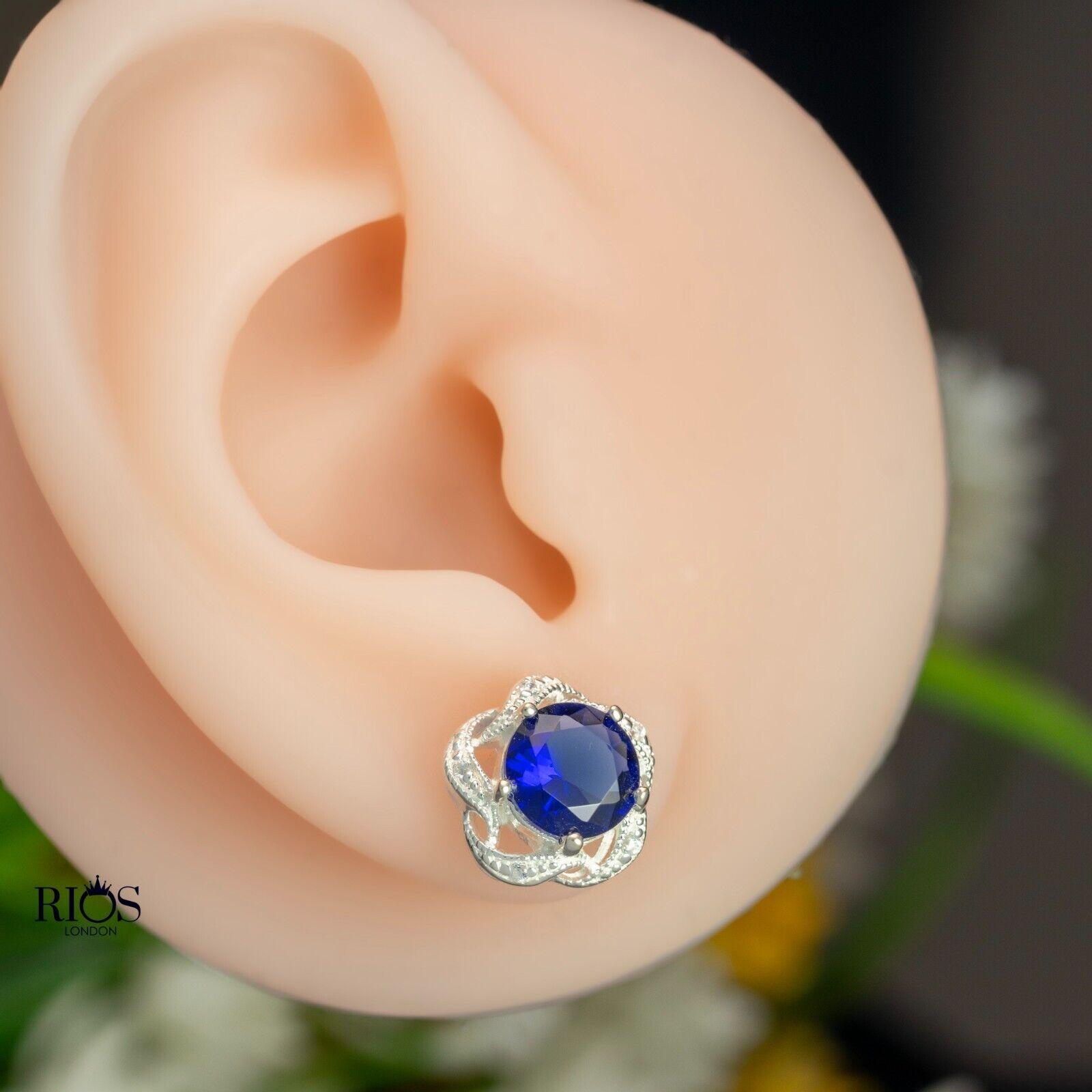 925 Sterling Silver Sapphire Blue Lab-Created Gemstone Studs Earrings Gift Boxed - Rios London