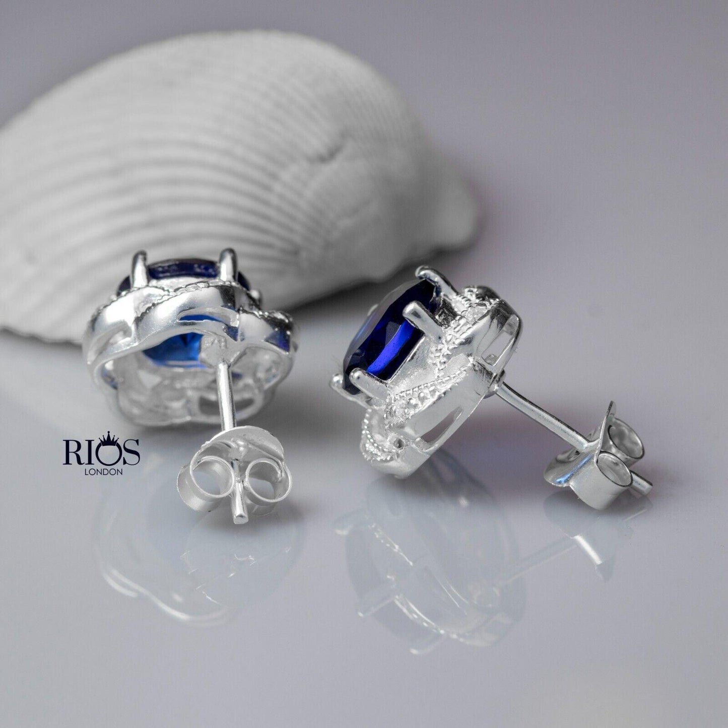 925 Sterling Silver Sapphire Blue Lab-Created Gemstone Studs Earrings Gift Boxed - Rios London