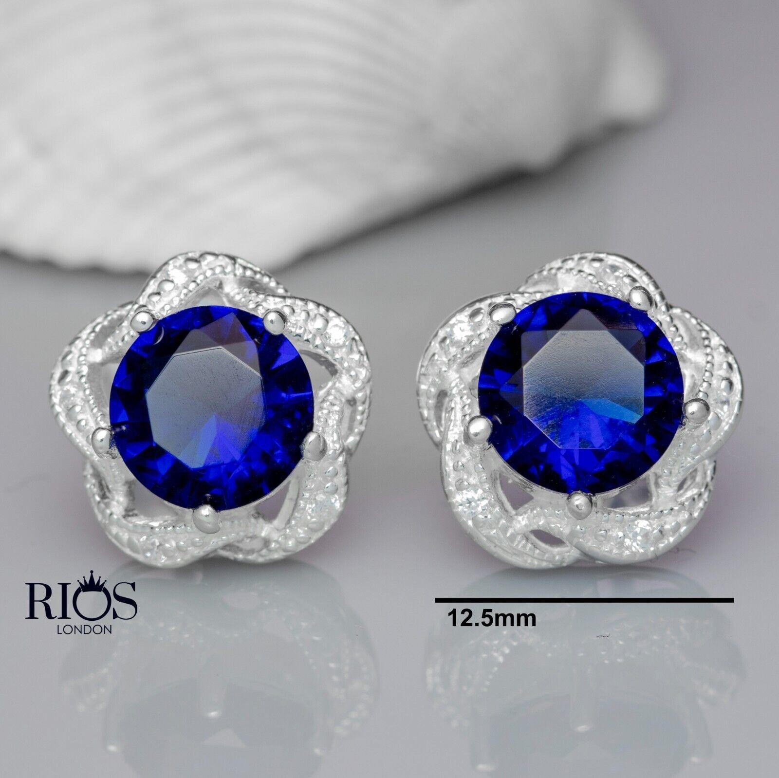 925 Sterling Silver Sapphire Blue Lab-Created Gemstone Studs Earrings Gift Boxed - Rios London