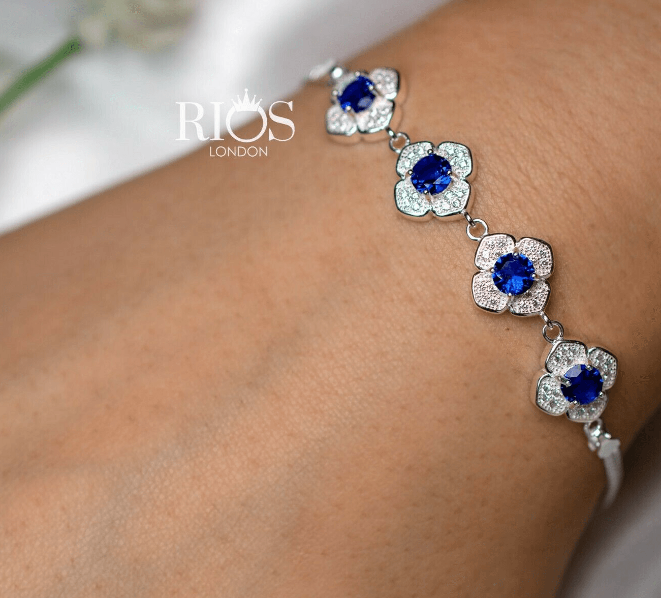 925 Sterling Silver Sapphire Blue Ladies Lab-Created Gemstone Bracelet Boxed - Rios London