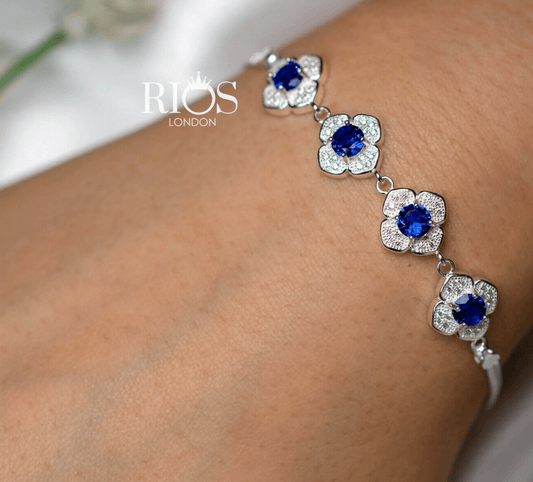 925 Sterling Silver Sapphire Blue Ladies Lab-Created Gemstone Bracelet Boxed - Rios London