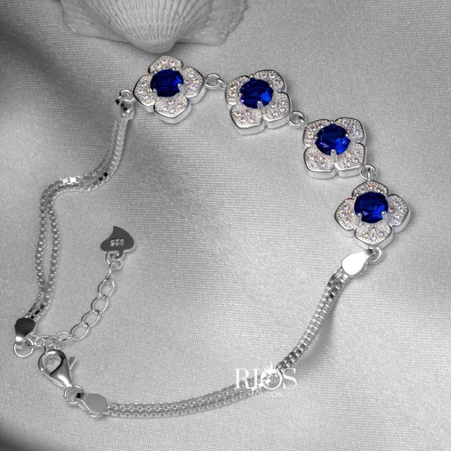 925 Sterling Silver Sapphire Blue Ladies Lab-Created Gemstone Bracelet Boxed - Rios London