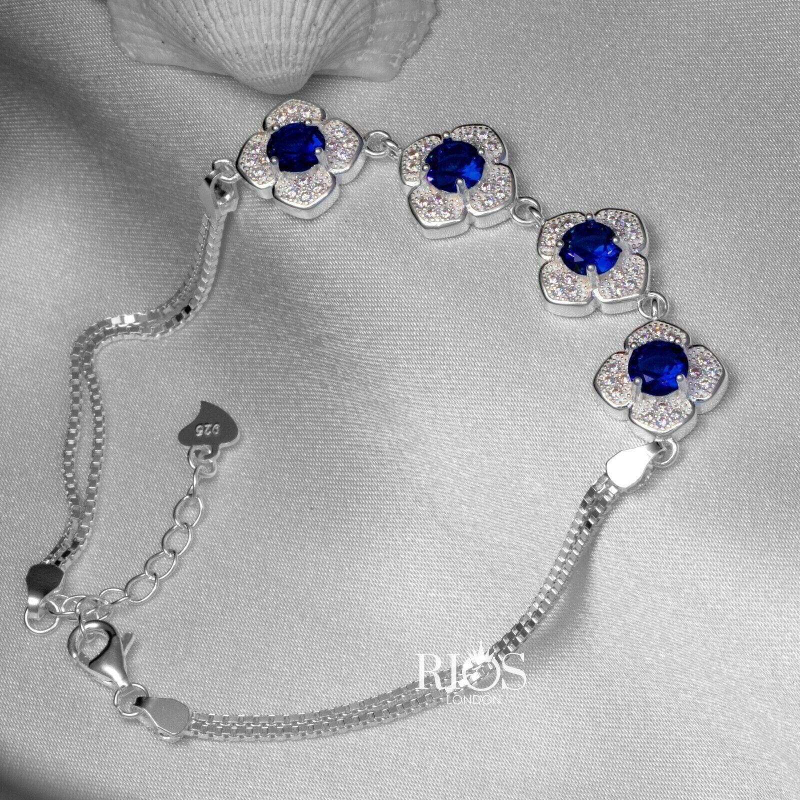 925 Sterling Silver Sapphire Blue Ladies Lab-Created Gemstone Bracelet Boxed - Rios London
