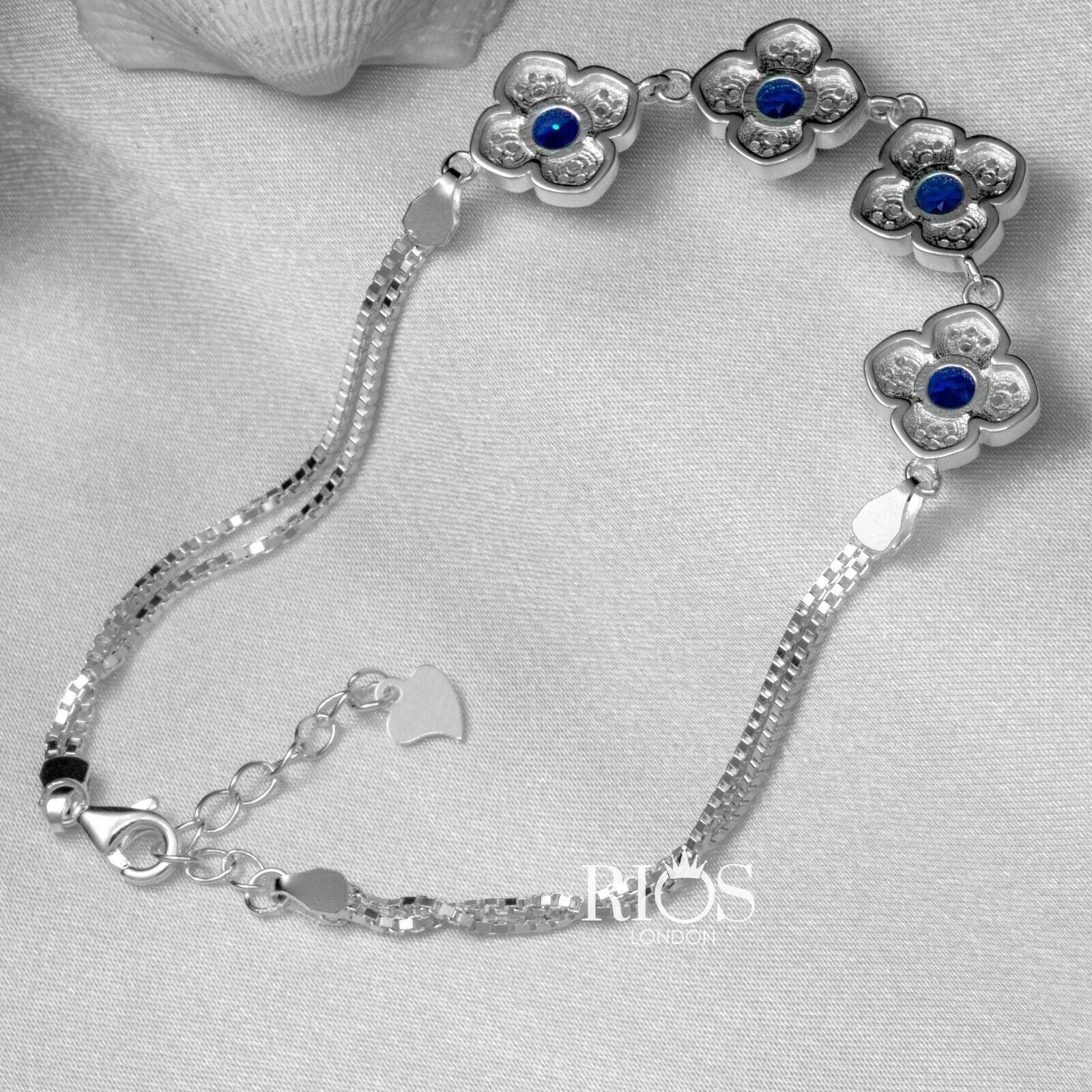 925 Sterling Silver Sapphire Blue Ladies Lab-Created Gemstone Bracelet Boxed - Rios London