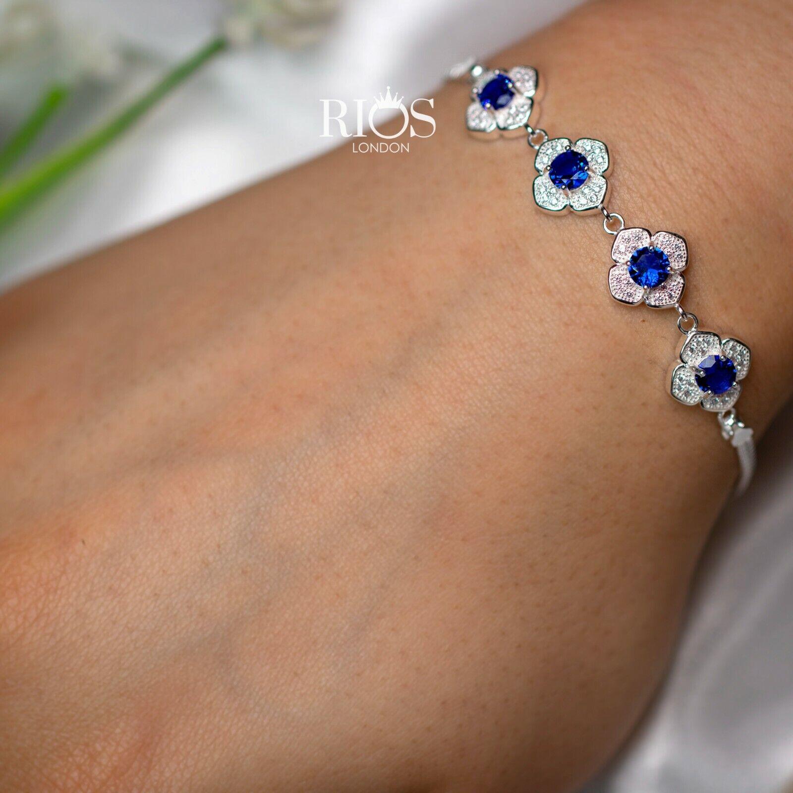 925 Sterling Silver Sapphire Blue Ladies Lab-Created Gemstone Bracelet Boxed - Rios London