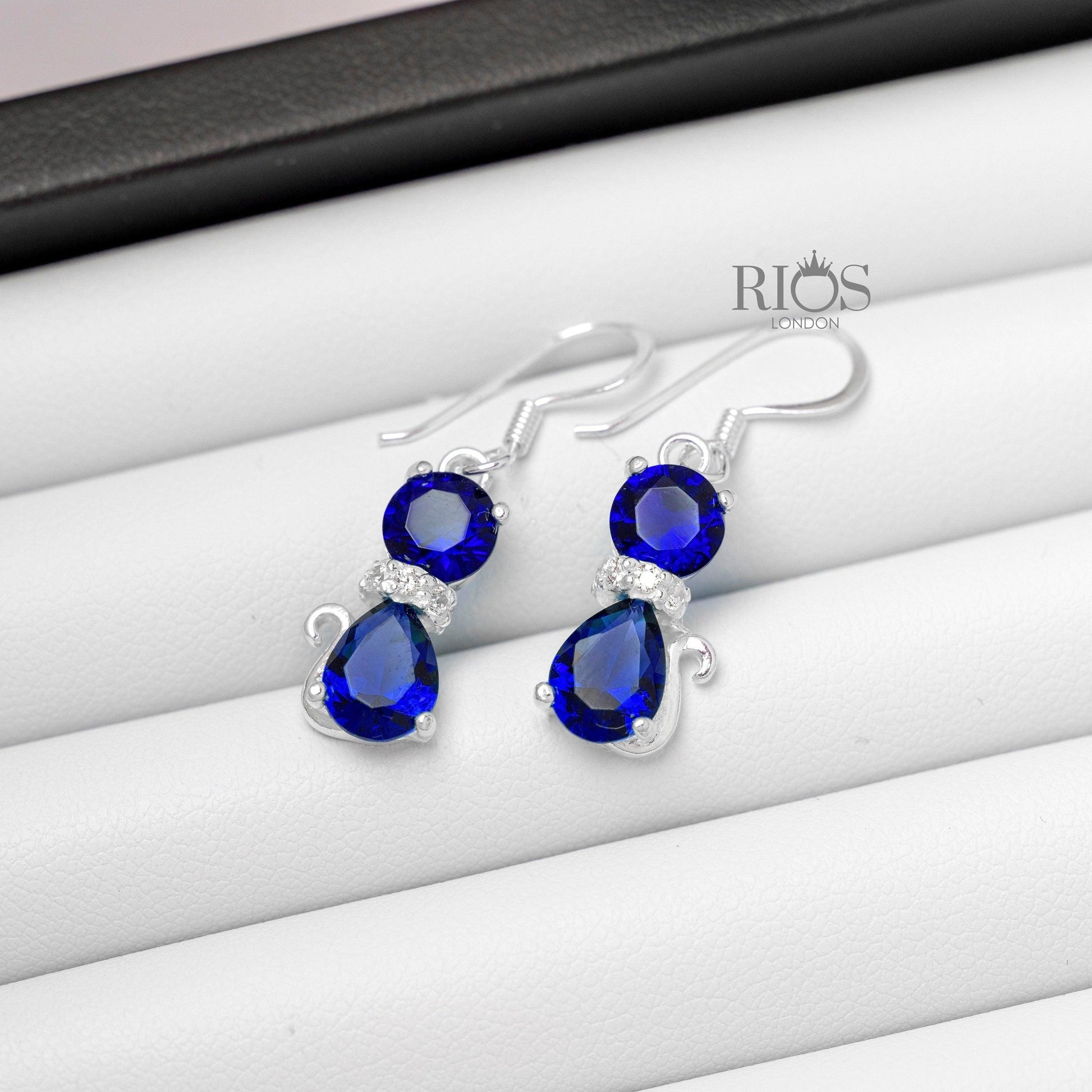 925 Sterling Silver SAPPHIRE Cat Drop Dangle Hook Earrings Gift Boxed - Boho jewellery / Blue Pear and Round Gemstone Cz Collar jewelry - Rios London