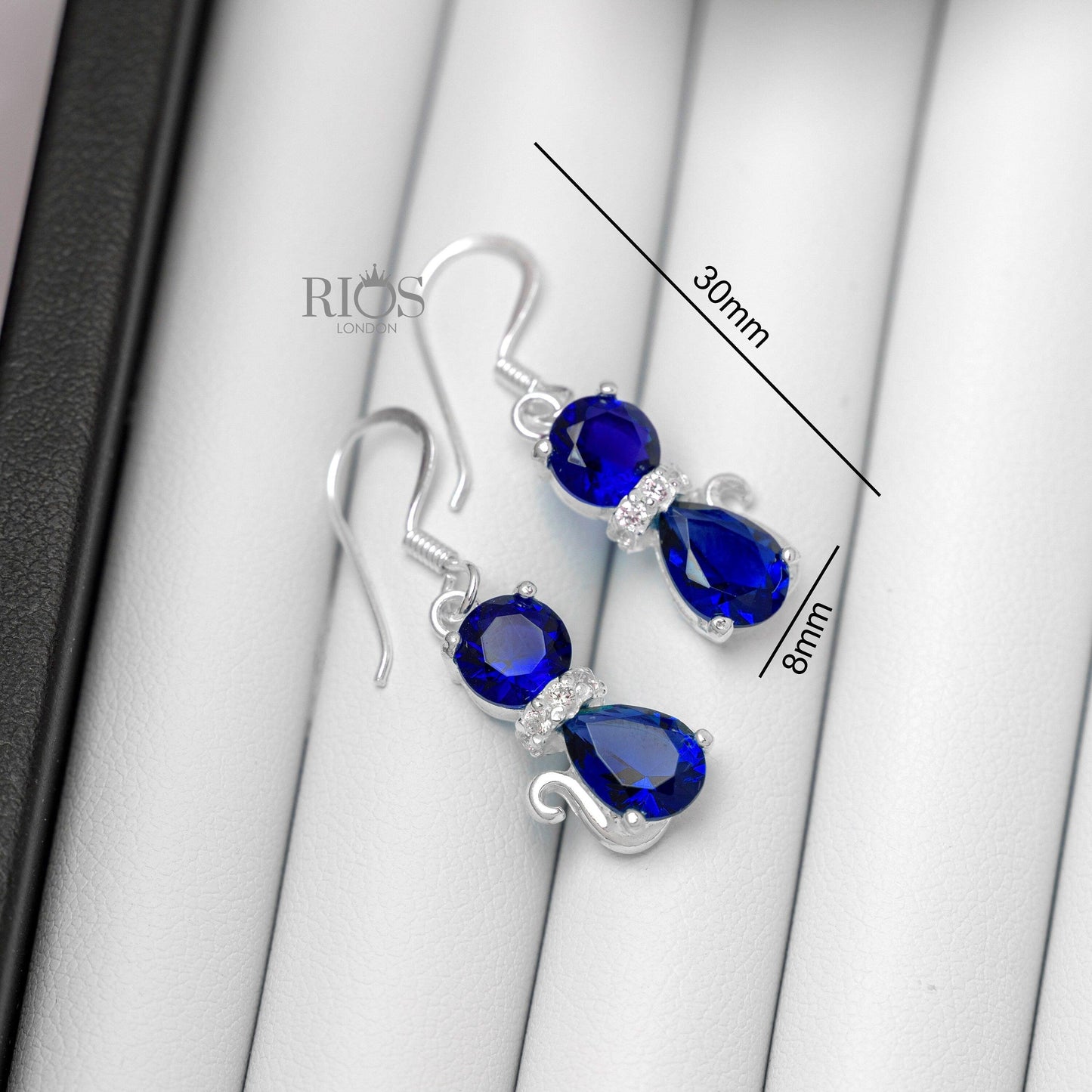 925 Sterling Silver SAPPHIRE Cat Drop Dangle Hook Earrings Gift Boxed - Boho jewellery / Blue Pear and Round Gemstone Cz Collar jewelry - Rios London