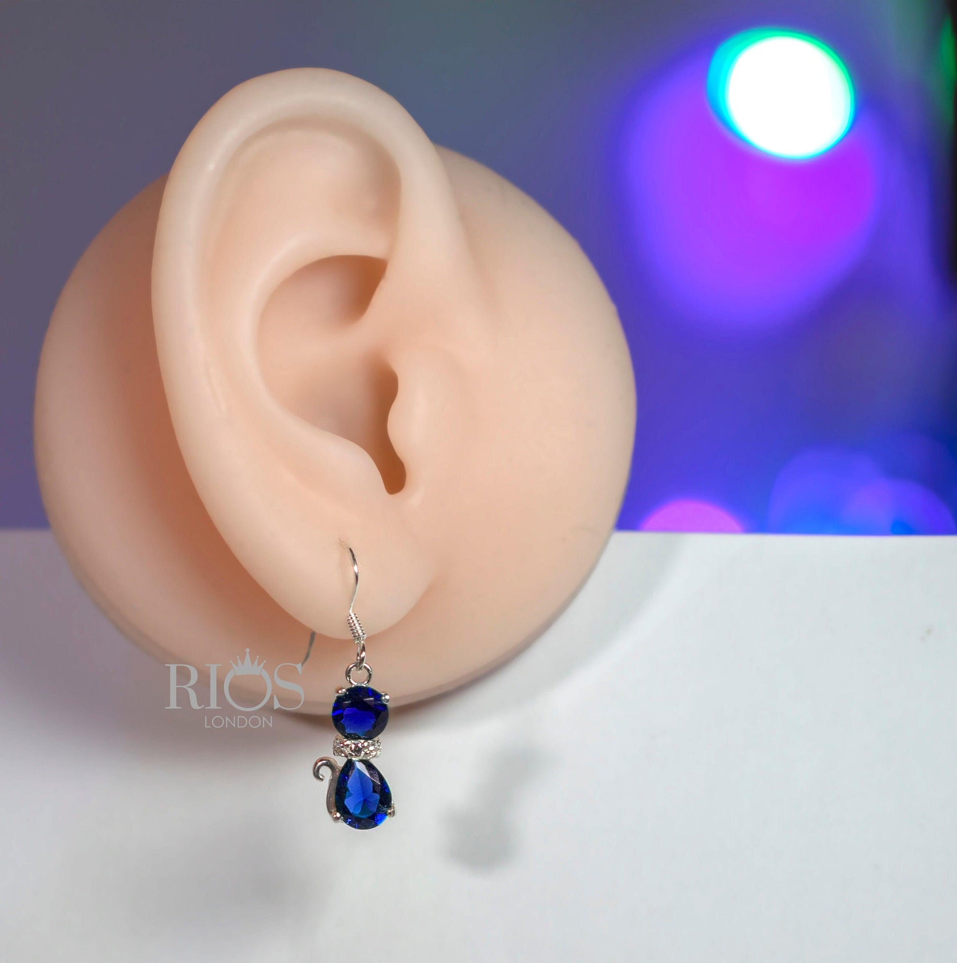 925 Sterling Silver SAPPHIRE Cat Drop Dangle Hook Earrings Gift Boxed - Boho jewellery / Blue Pear and Round Gemstone Cz Collar jewelry - Rios London