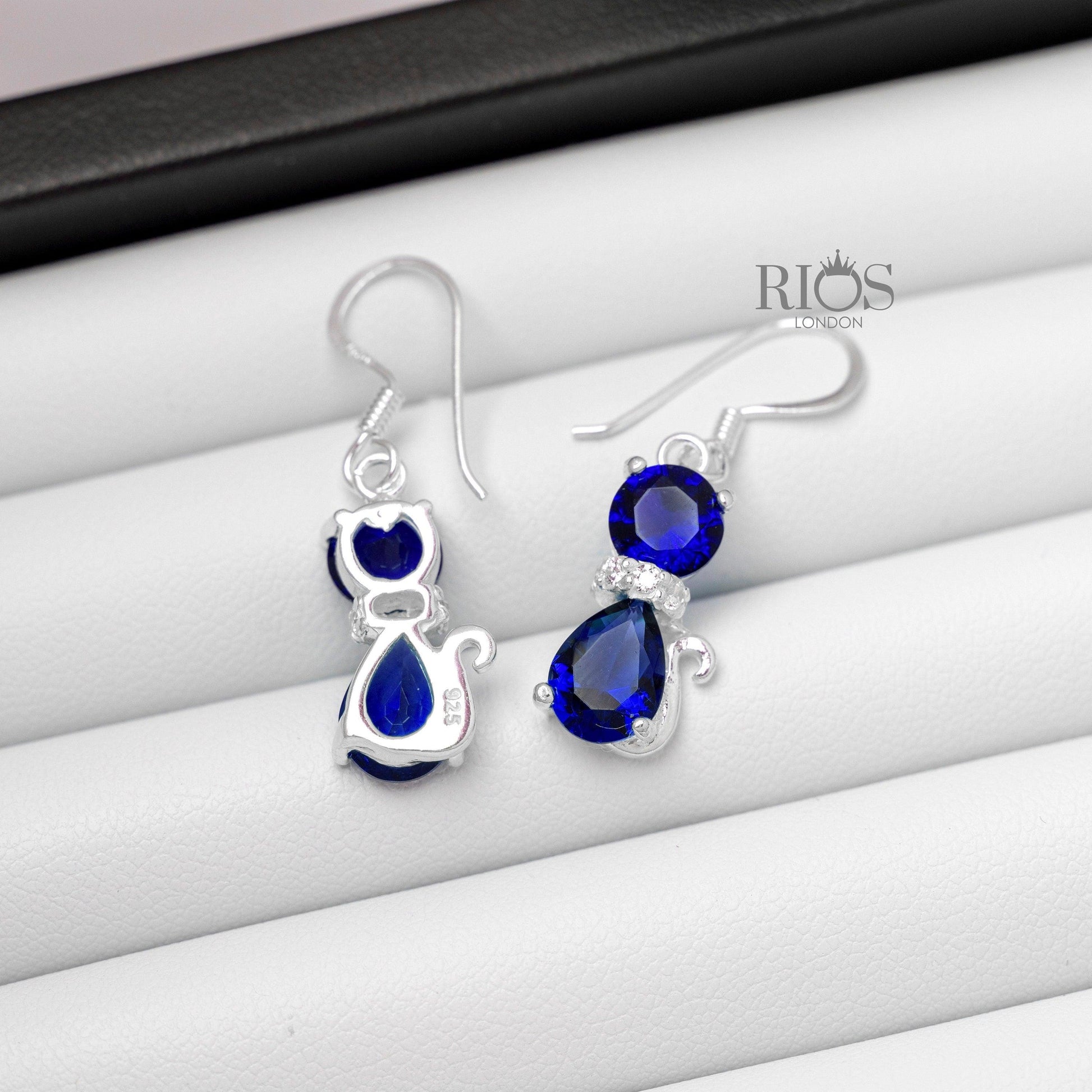 925 Sterling Silver SAPPHIRE Cat Drop Dangle Hook Earrings Gift Boxed - Boho jewellery / Blue Pear and Round Gemstone Cz Collar jewelry - Rios London