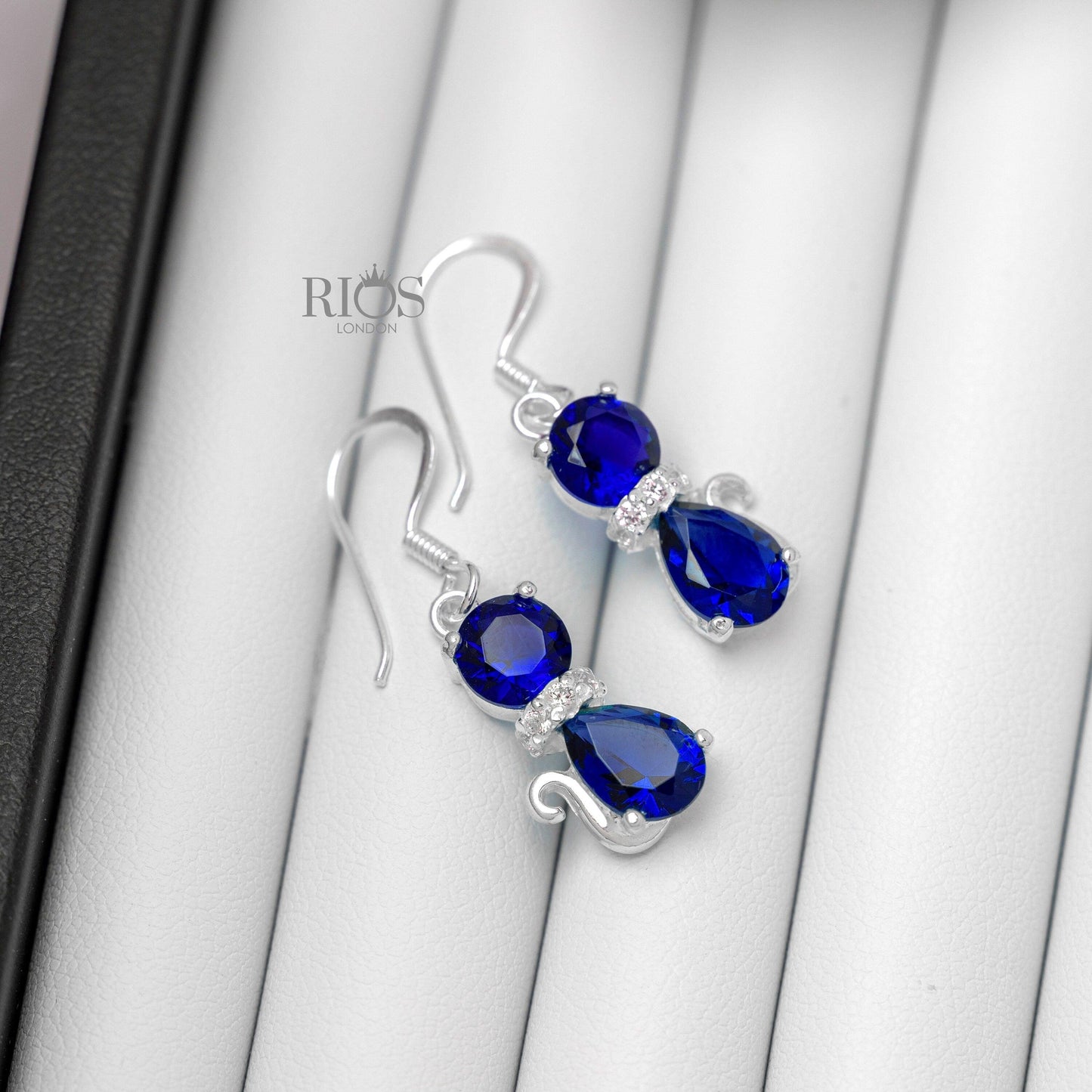 925 Sterling Silver SAPPHIRE Cat Drop Dangle Hook Earrings Gift Boxed - Boho jewellery / Blue Pear and Round Gemstone Cz Collar jewelry - Rios London