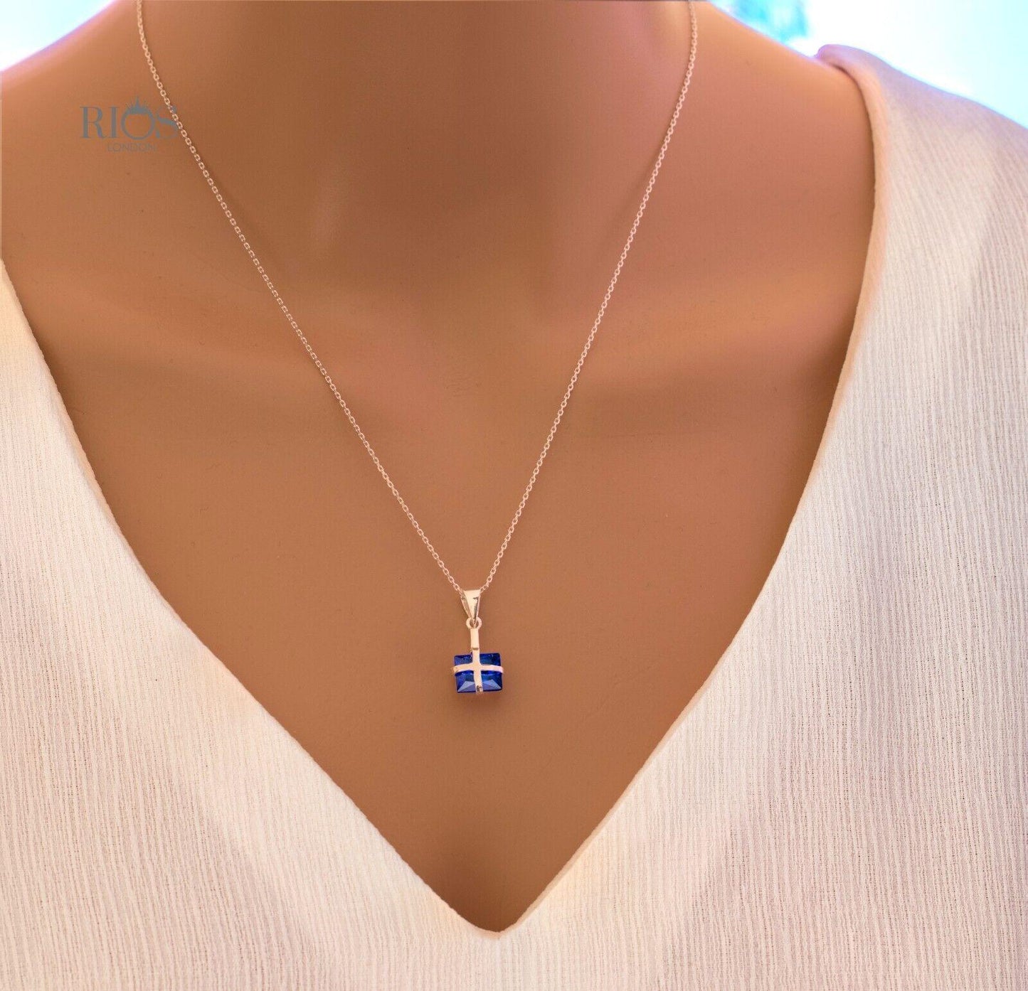 925 Sterling Silver Sapphire Ribbon Design Necklace Lab-Created Gemstone Boxed