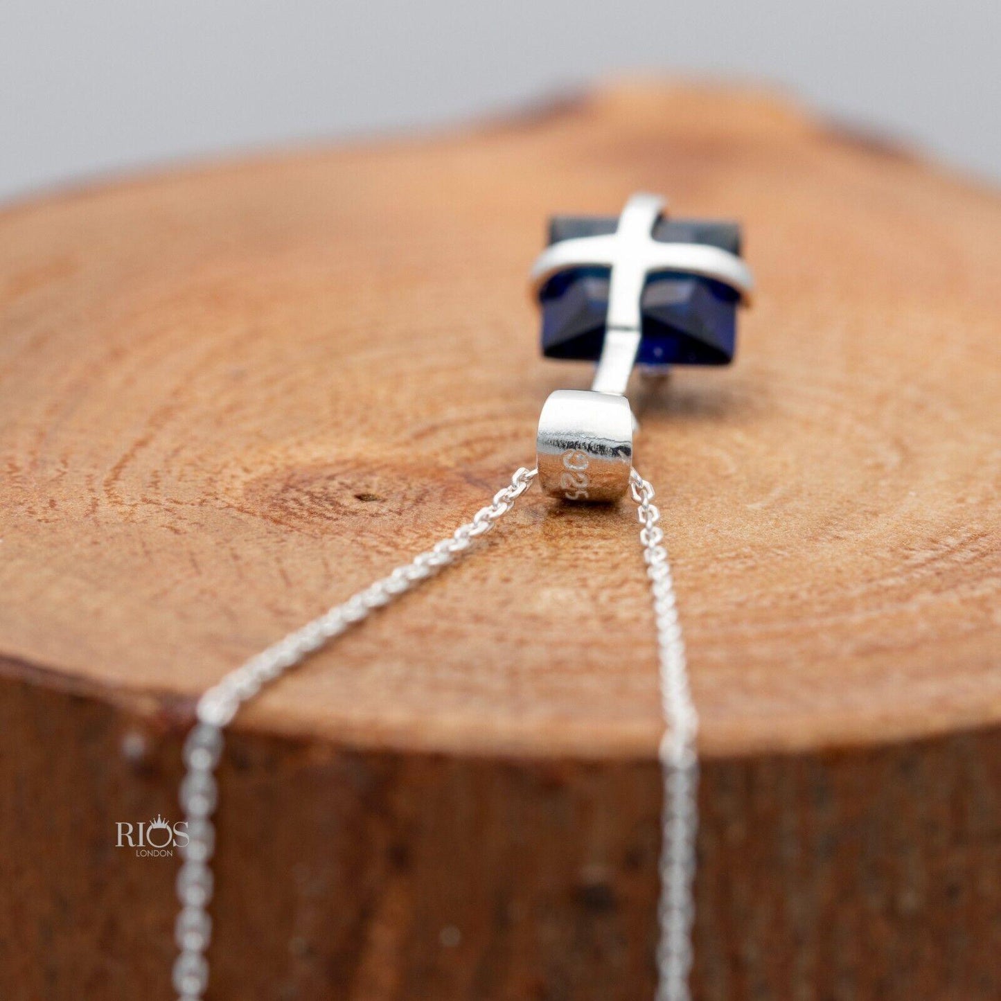 925 Sterling Silver Sapphire Ribbon Design Necklace Lab-Created Gemstone Boxed