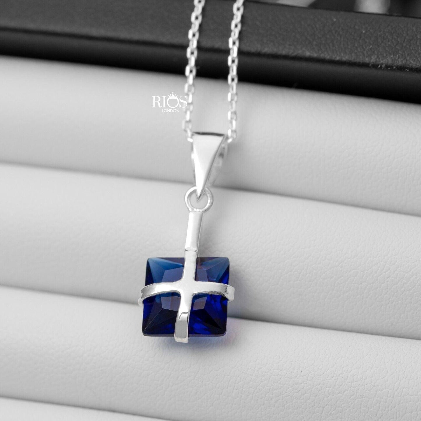 925 Sterling Silver Sapphire Ribbon Design Necklace Lab-Created Gemstone Boxed