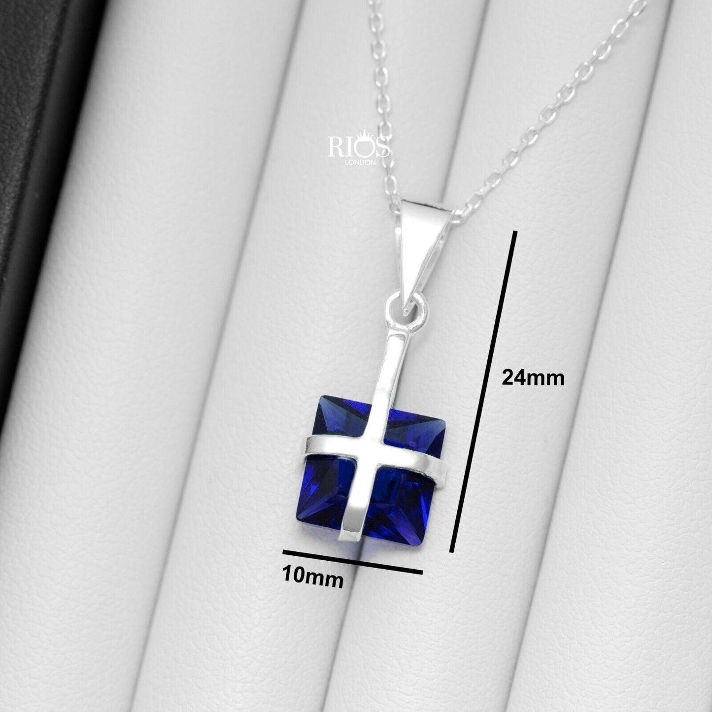 925 Sterling Silver Sapphire Ribbon Design Necklace Lab-Created Gemstone Boxed