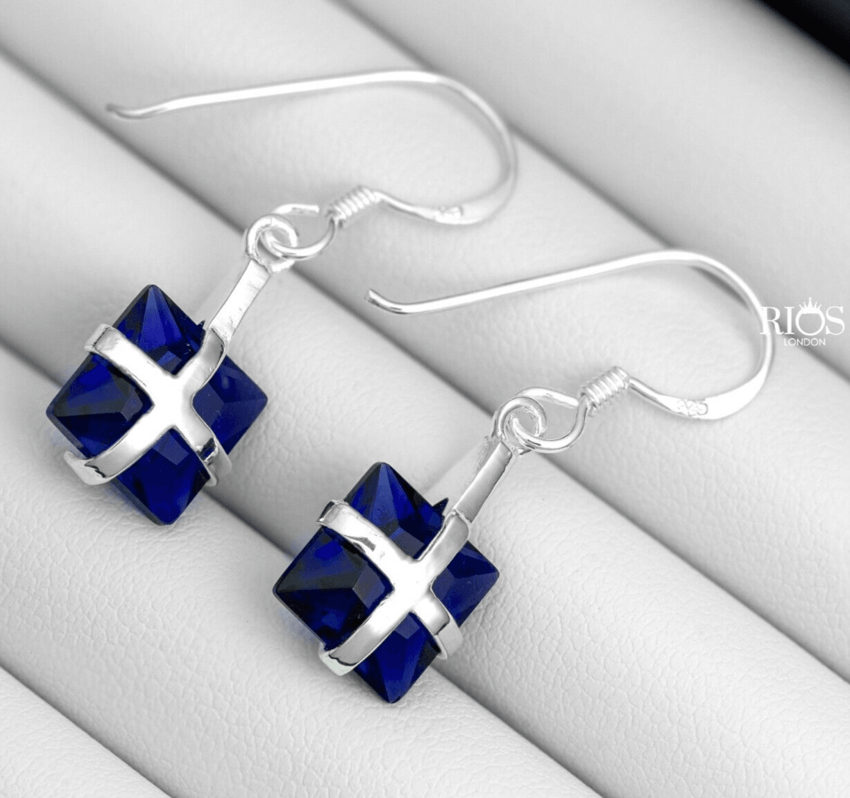 925 Sterling Silver Square Cushion Earrings Lab Created Sapphire Gift Boxed - Rios London
