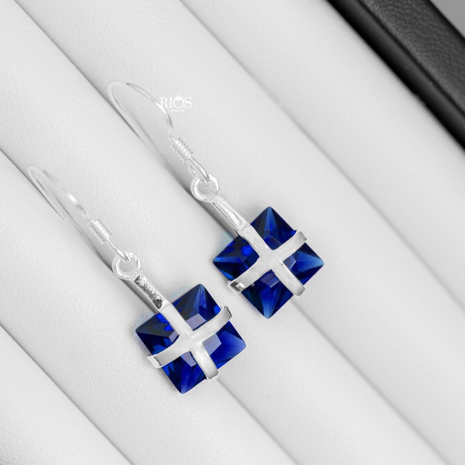 925 Sterling Silver Square Cushion Earrings Lab Created Sapphire Gift Boxed - Rios London