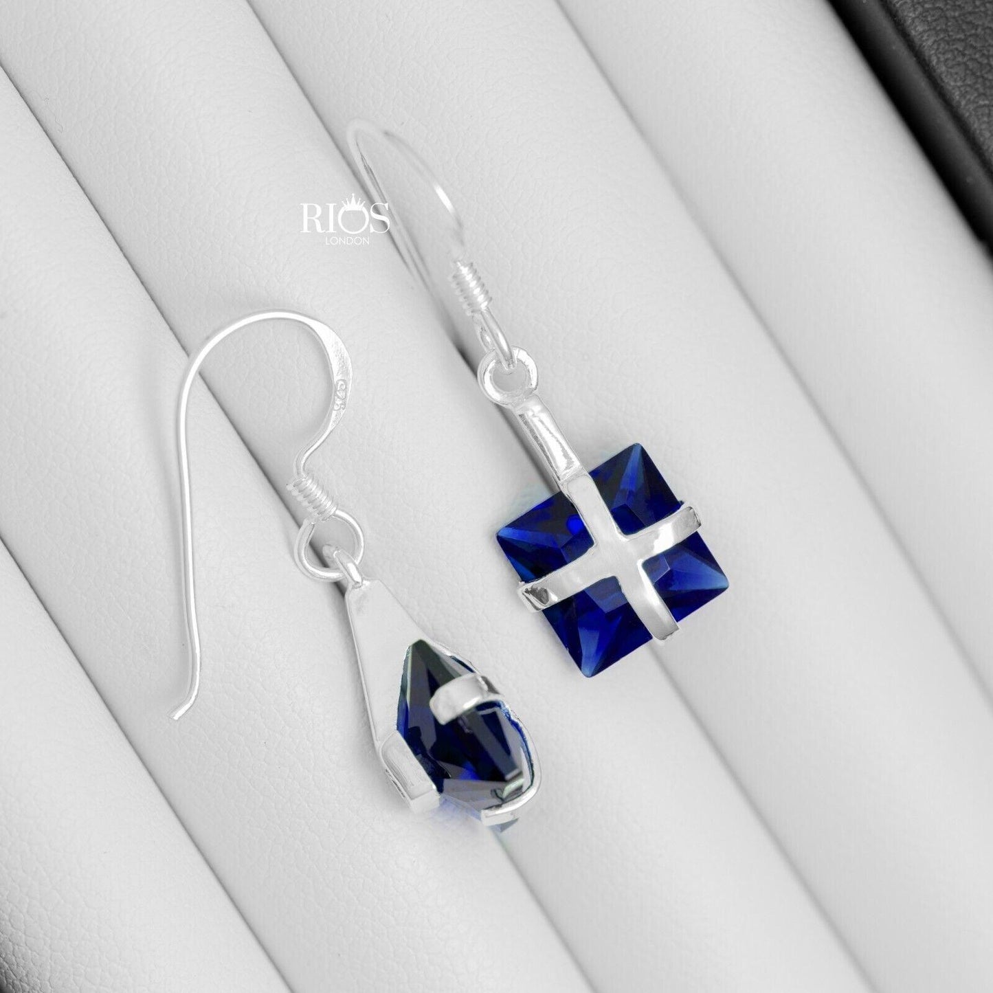 925 Sterling Silver Square Cushion Earrings Lab Created Sapphire Gift Boxed - Rios London