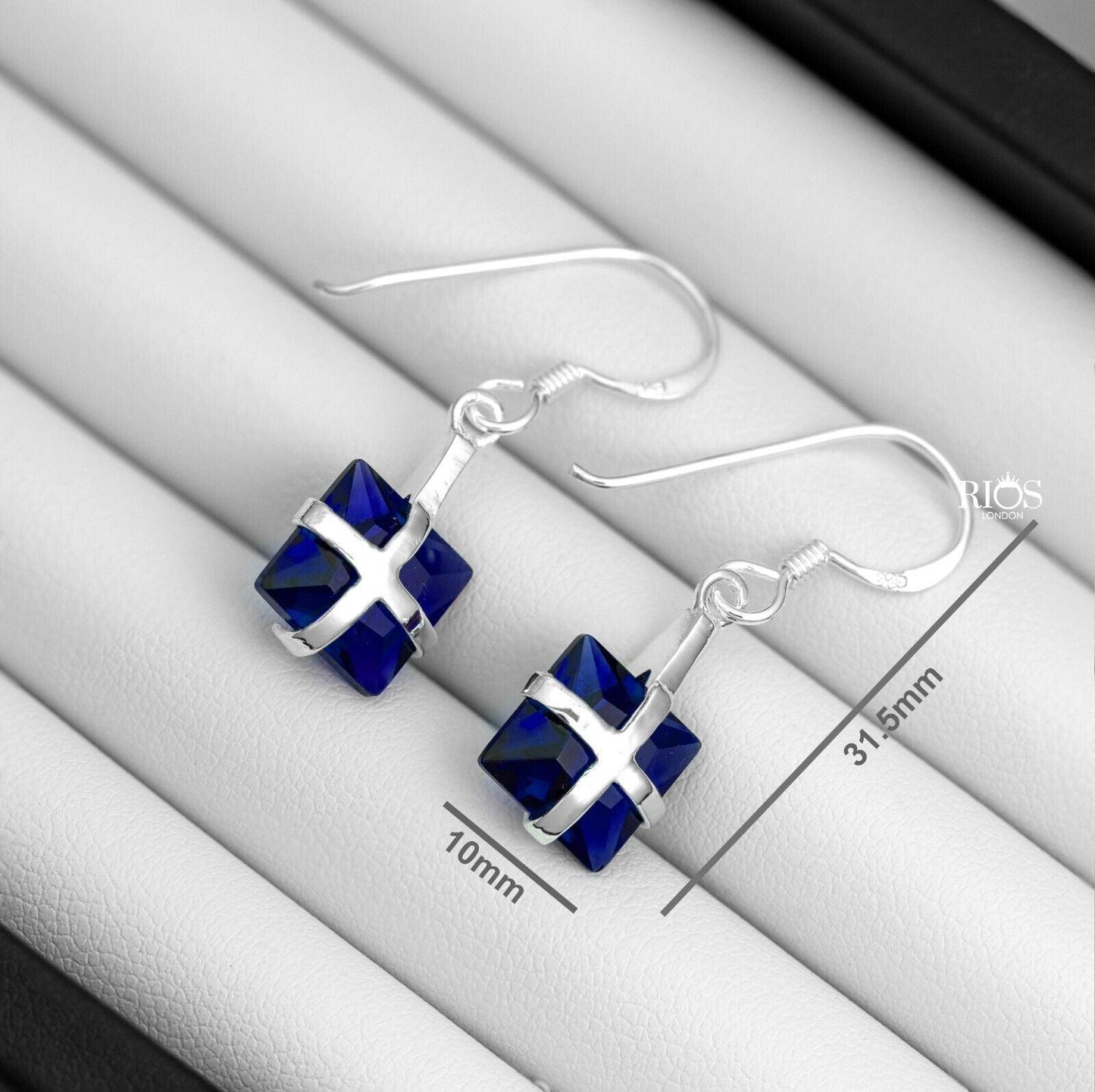 925 Sterling Silver Square Cushion Earrings Lab Created Sapphire Gift Boxed - Rios London