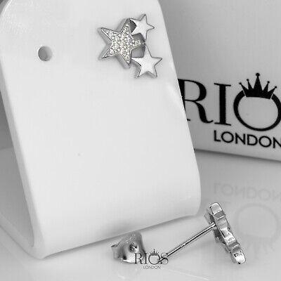 925 Sterling Silver Triple Stars Cz Earrings Studs Gift Boxed - Rios London