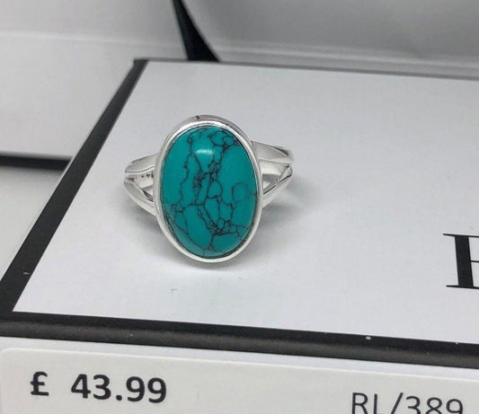 925 Sterling Silver Turquoise Cabochon Oval Gemstone Ring RRP £43.99 Gift Boxed