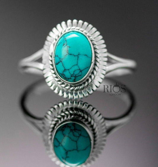 925 Sterling Silver Turquoise Cabochon Oval Gemstone Women Boho Ring Gift Boxed - Rios London